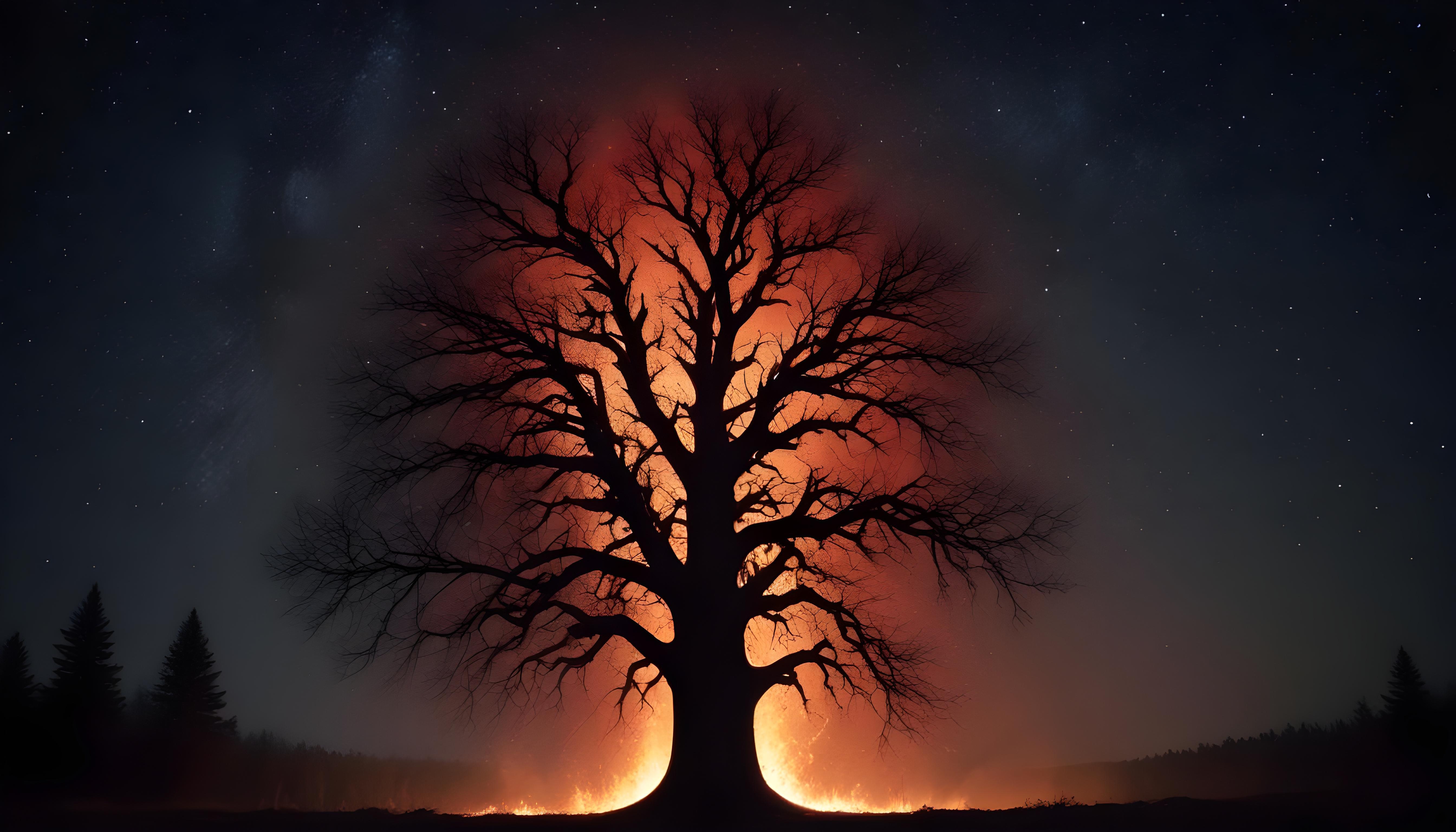 Majestic Ancient Tree with Glowing Fire and Dramatic Fantasy Landscape