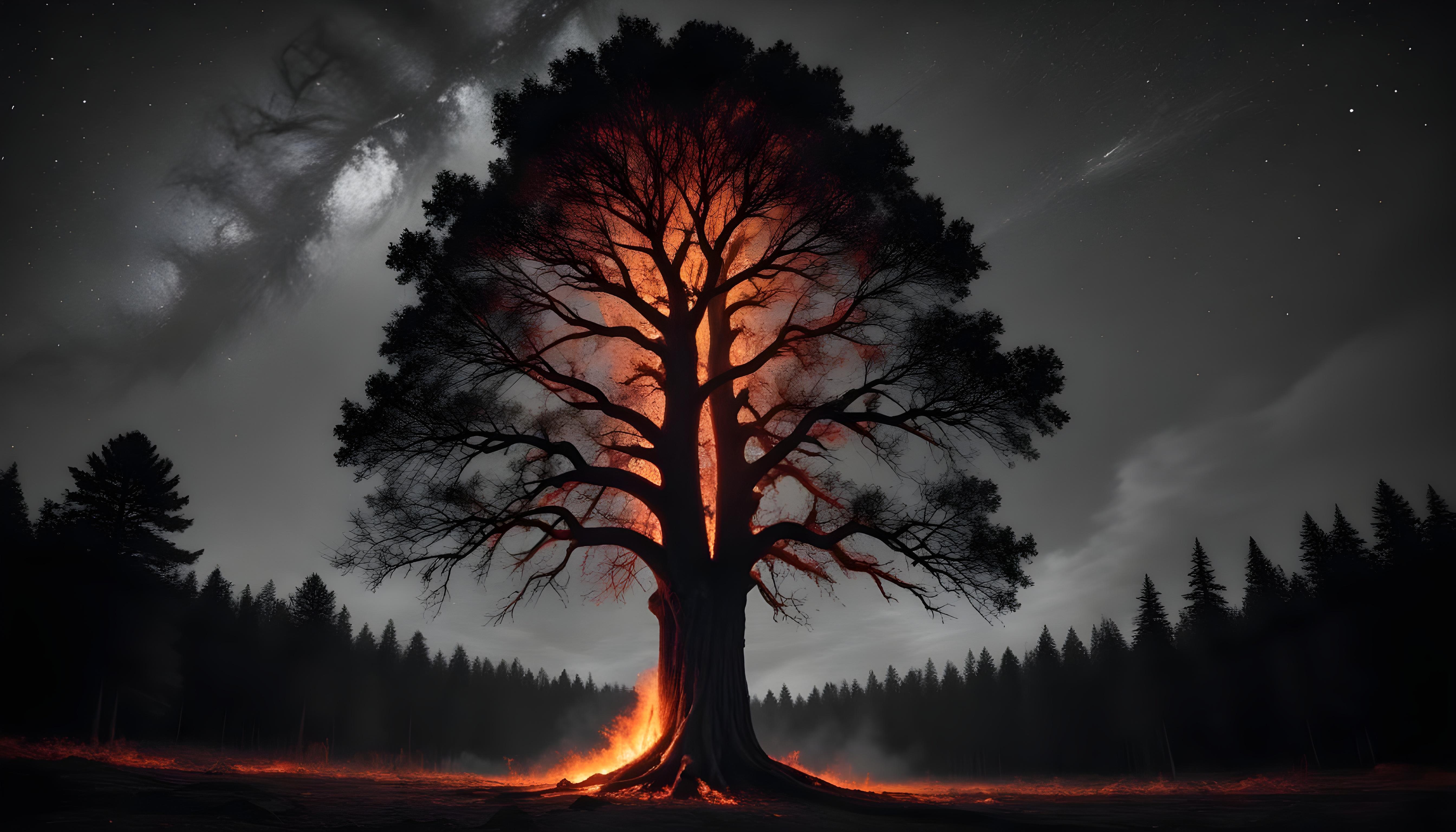 Majestic Ancient Tree with Glowing Fire and Dramatic Fantasy Landscape