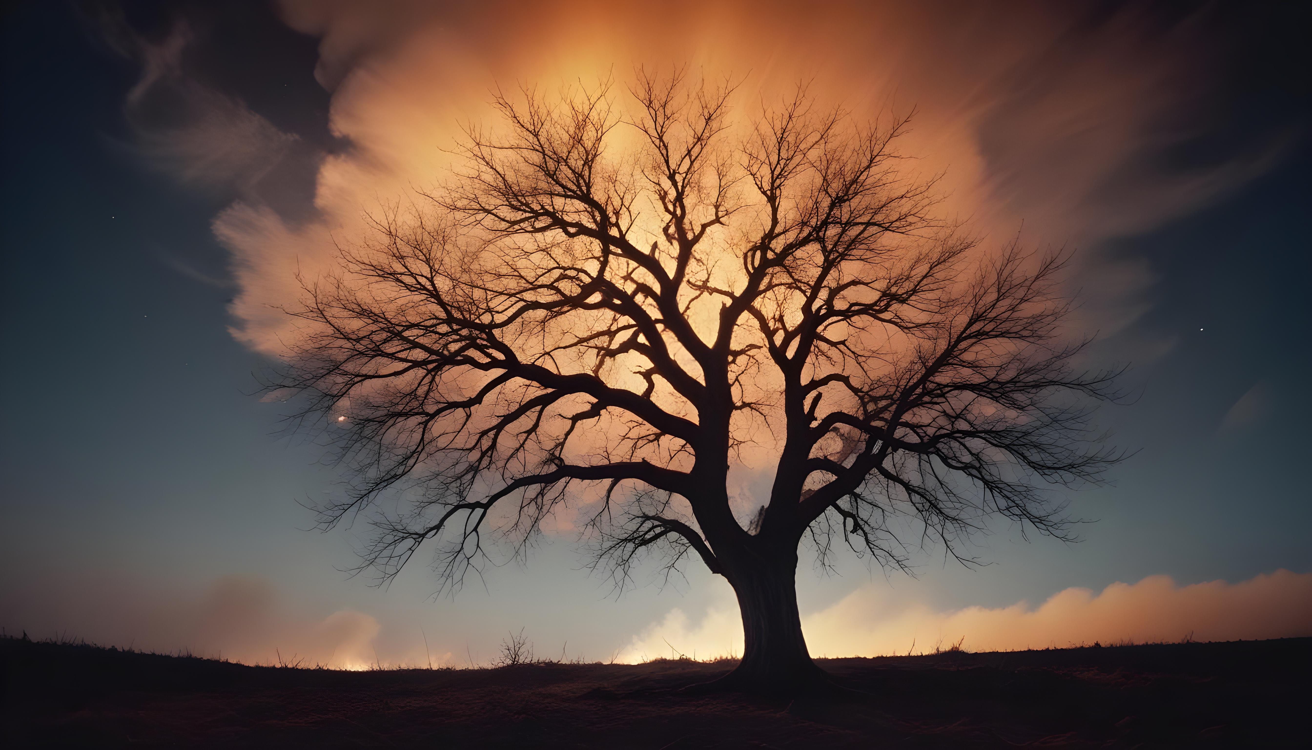 Majestic Ancient Tree with Glowing Fire and Dramatic Fantasy Landscape