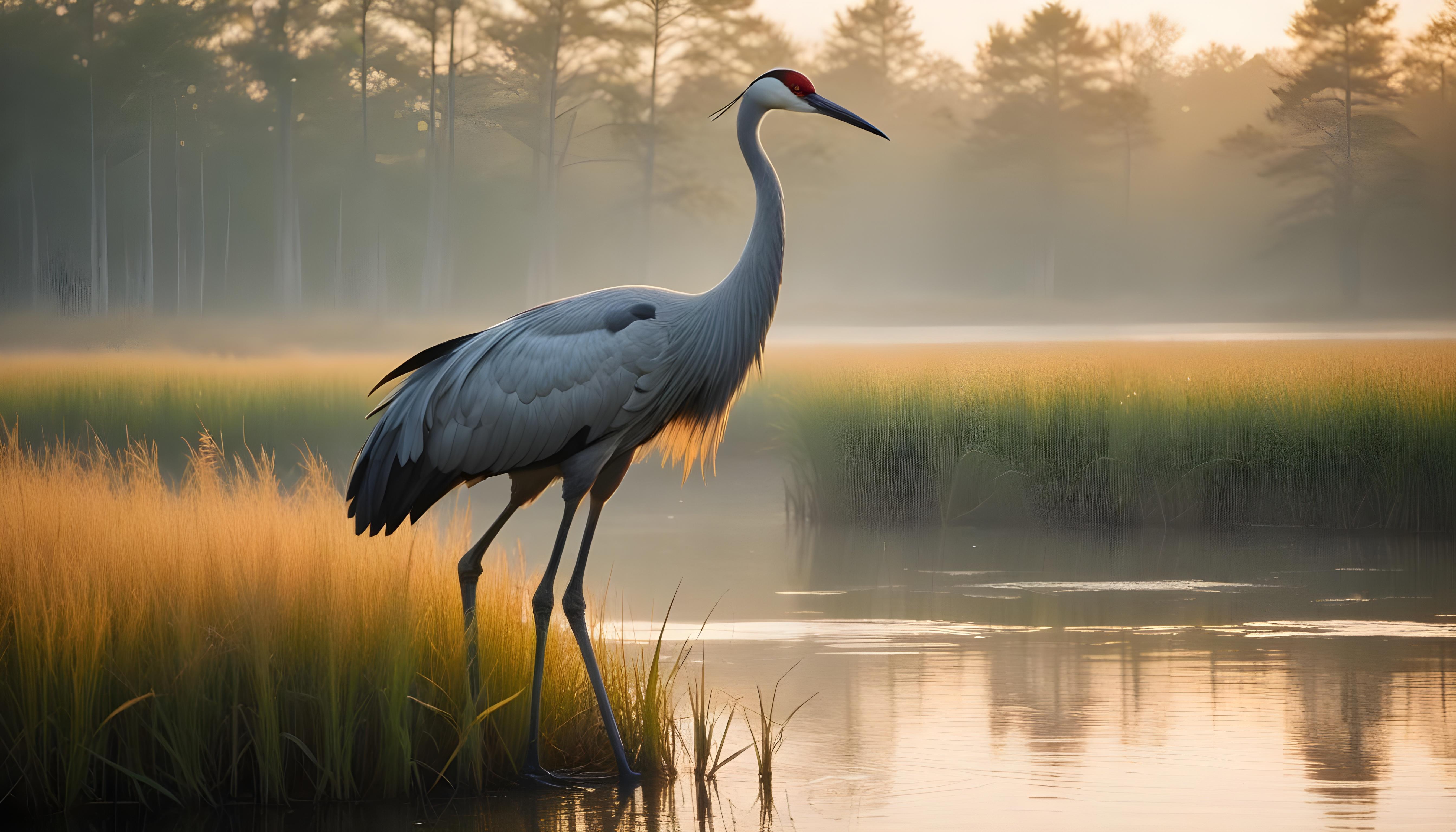 Majestic Crane Bird in Serene River Landscape with Autumn Forest Background