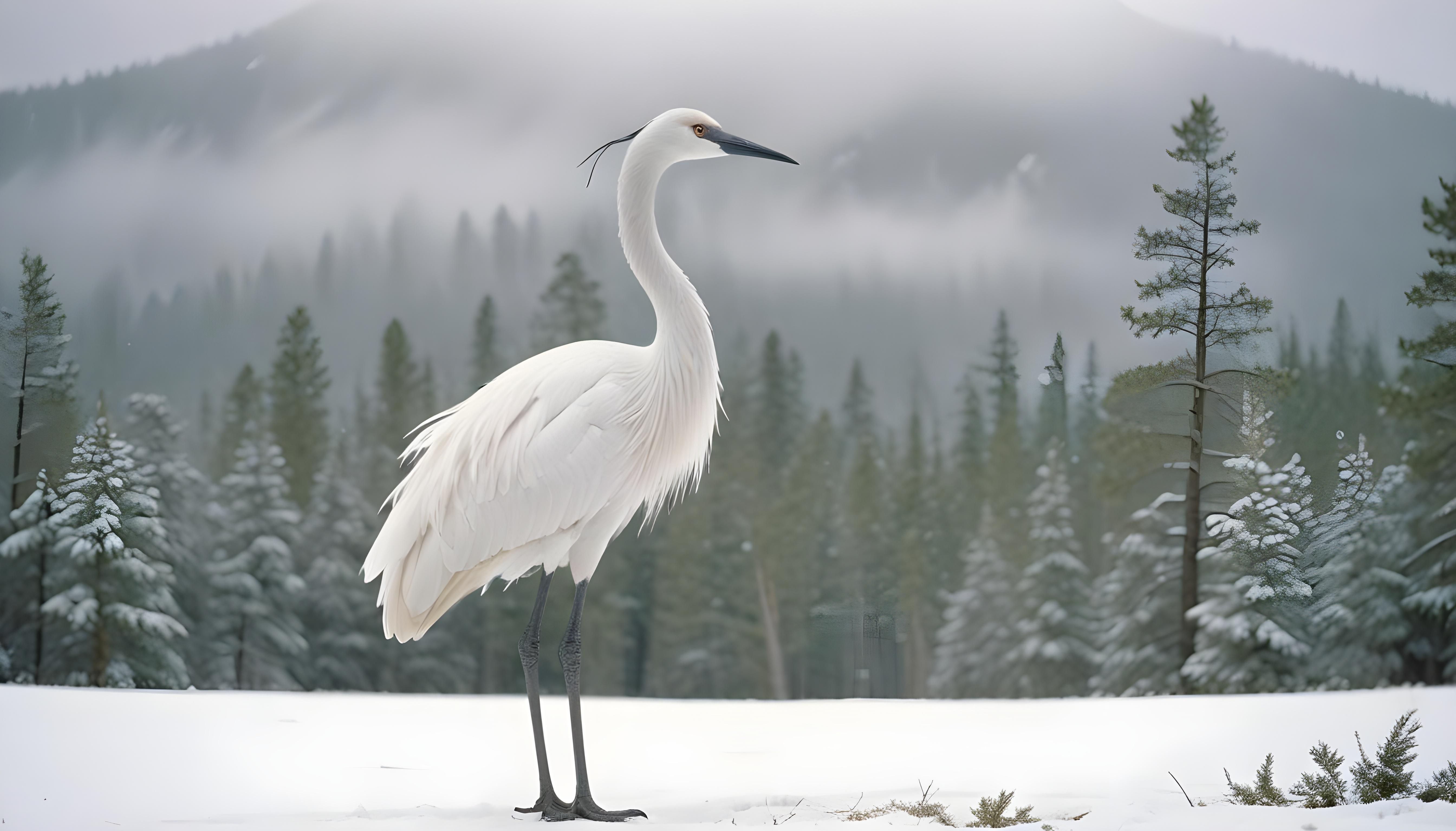 Majestic Crane Bird in Serene River Landscape with Autumn Forest Background