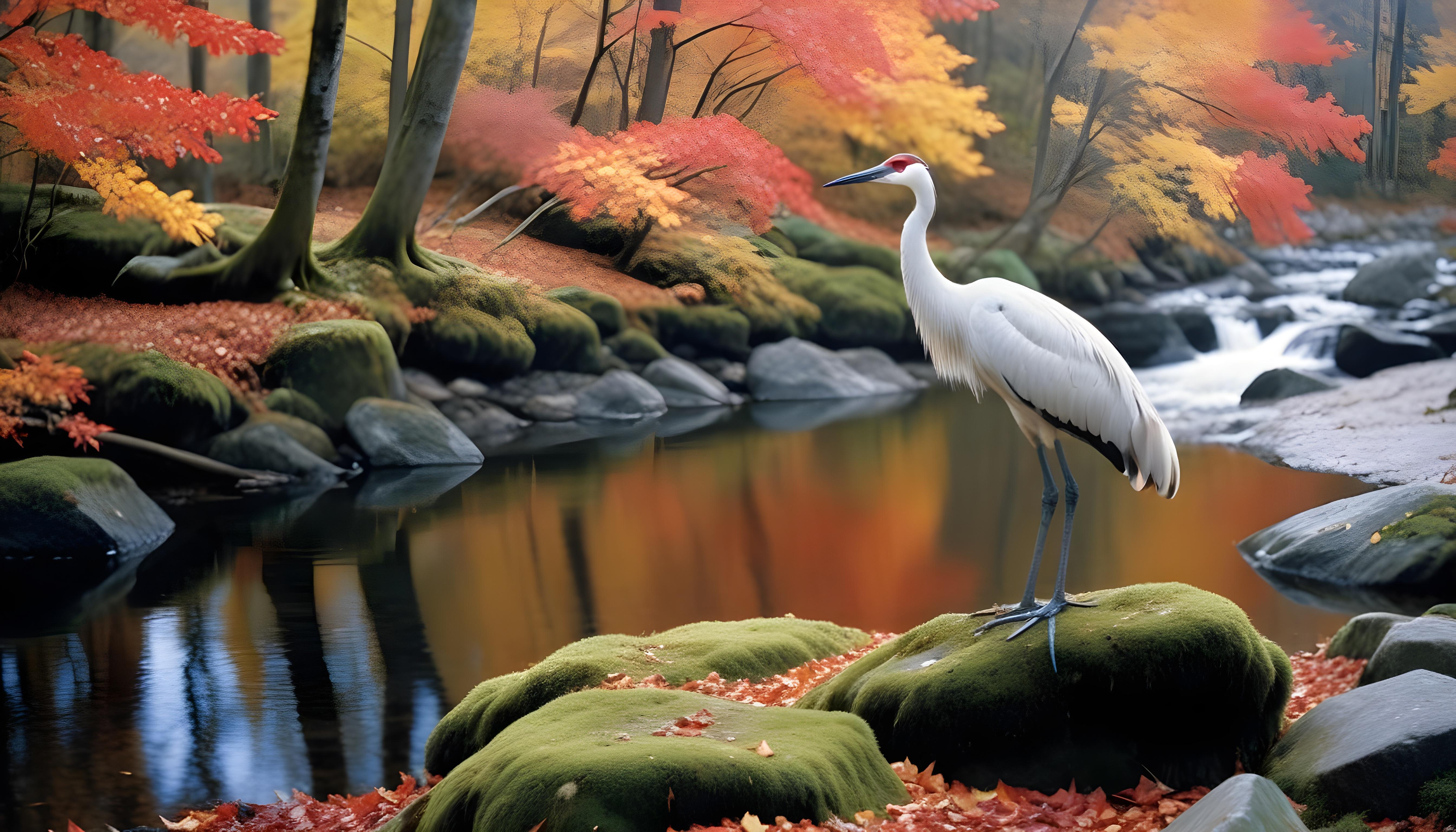 Majestic Crane Bird in Serene River Landscape with Autumn Forest Background