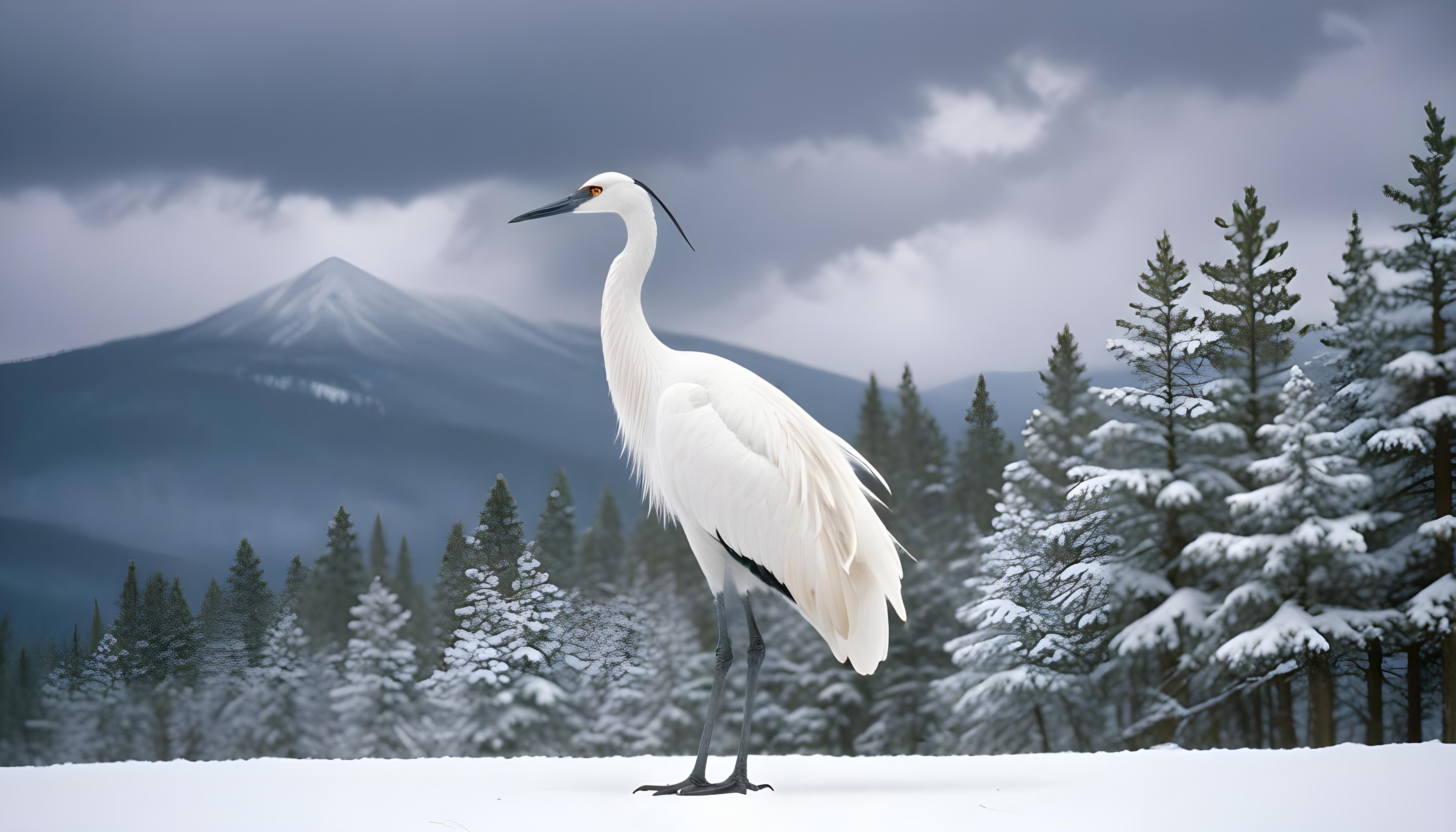 Majestic Crane Bird in Serene River Landscape with Autumn Forest Background