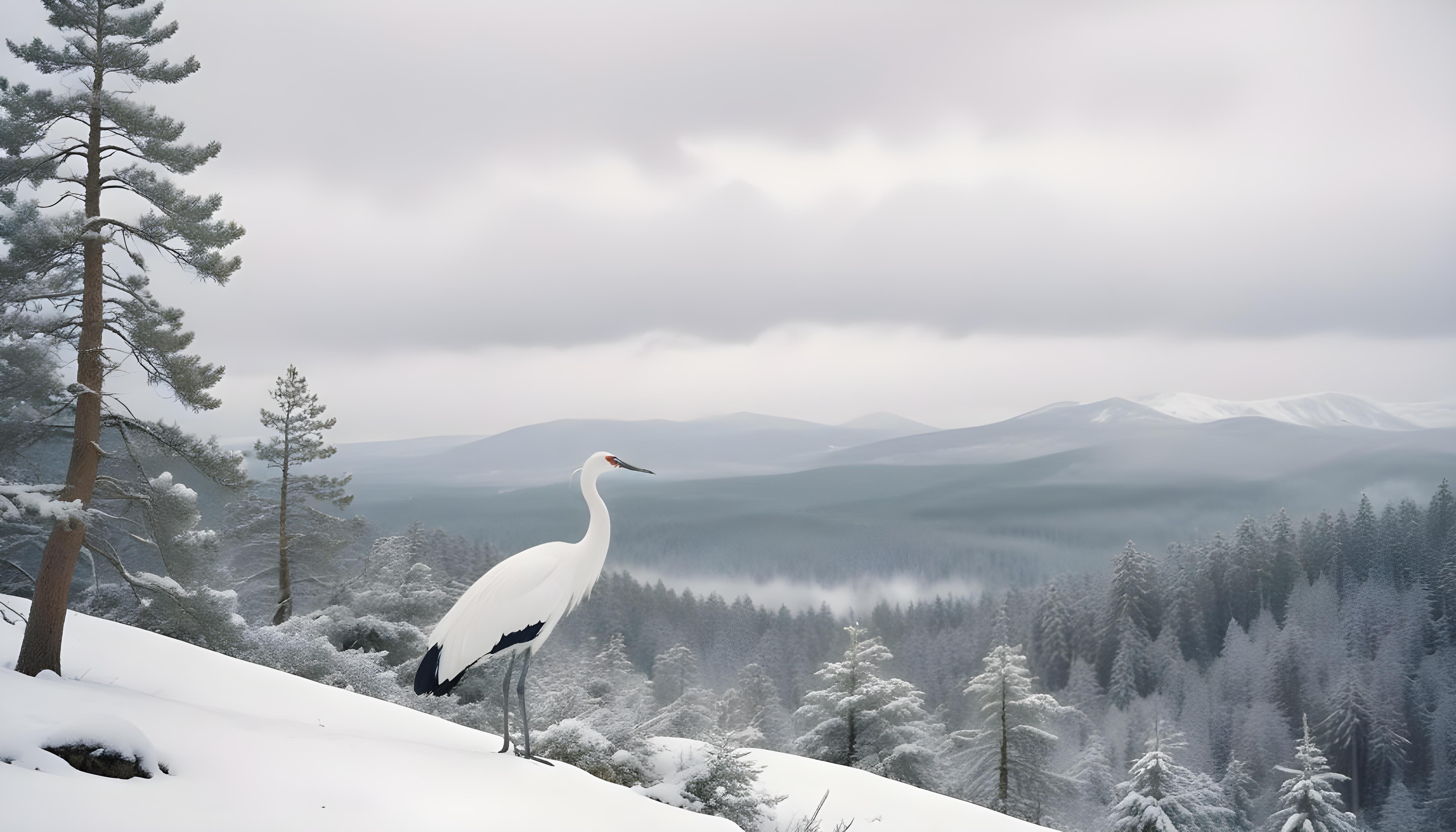 Majestic Crane Bird in Serene River Landscape with Autumn Forest Background