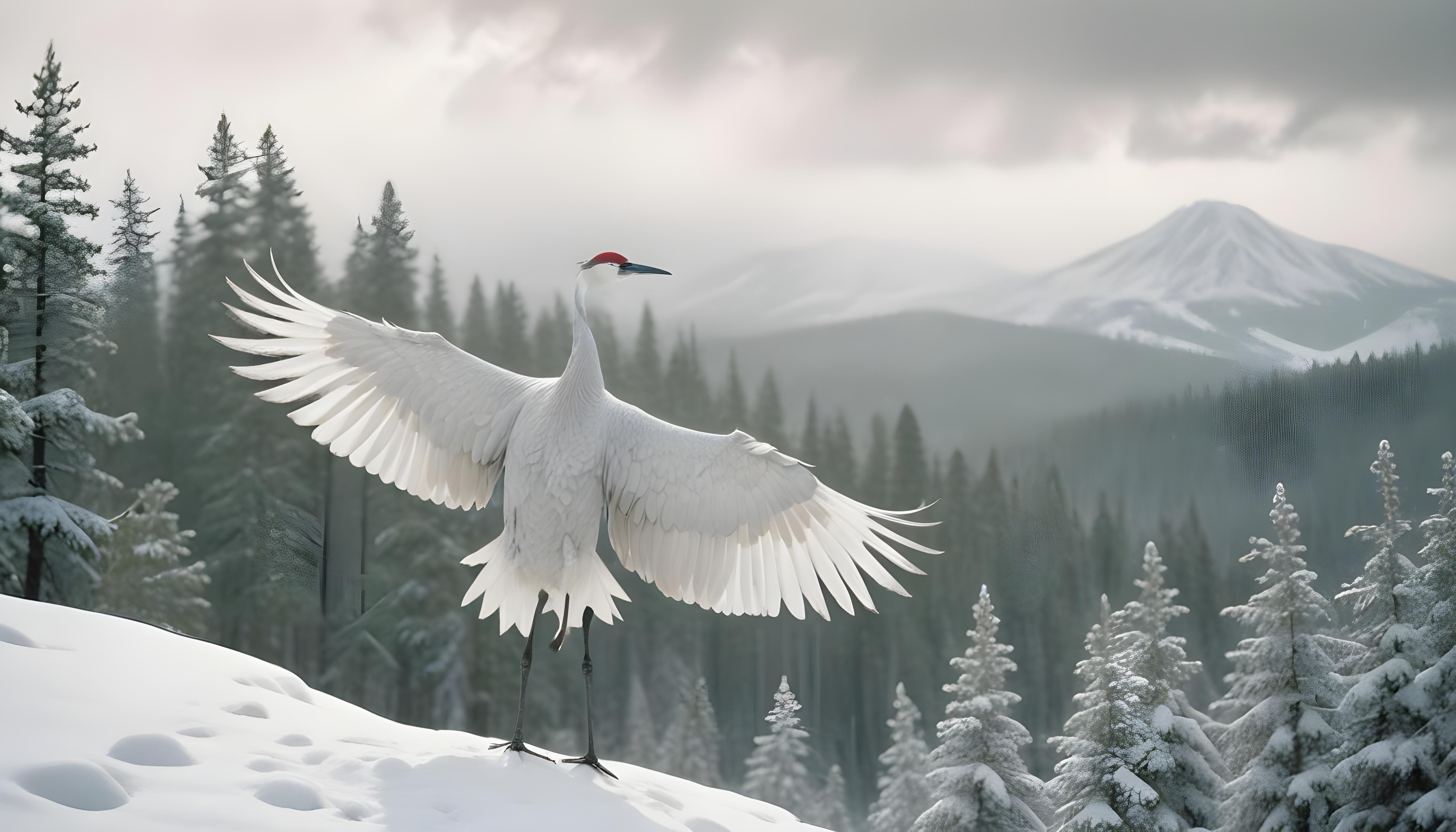 Majestic Crane Bird in Serene River Landscape with Autumn Forest Background