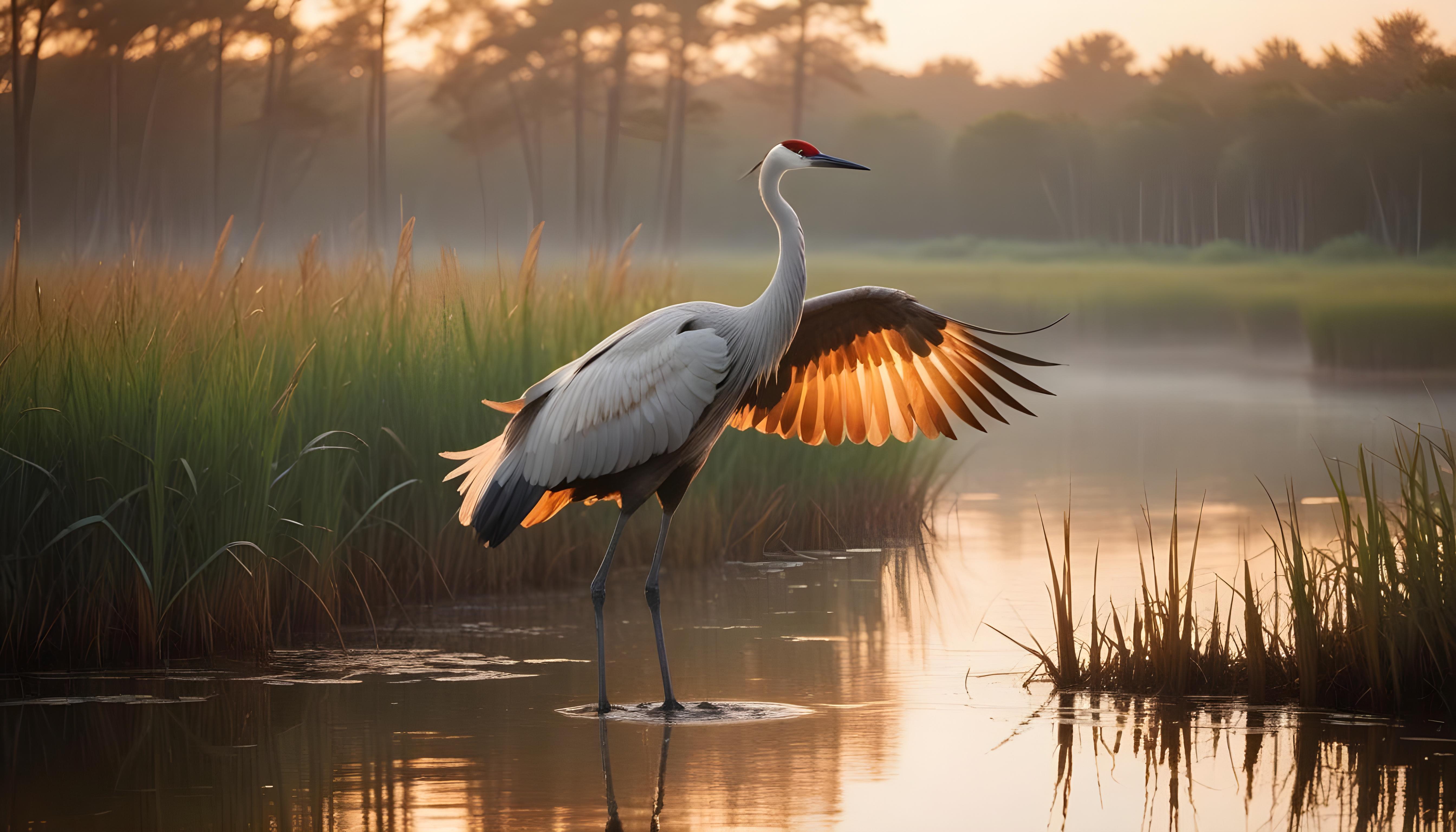 Majestic Crane Bird in Serene River Landscape with Autumn Forest Background