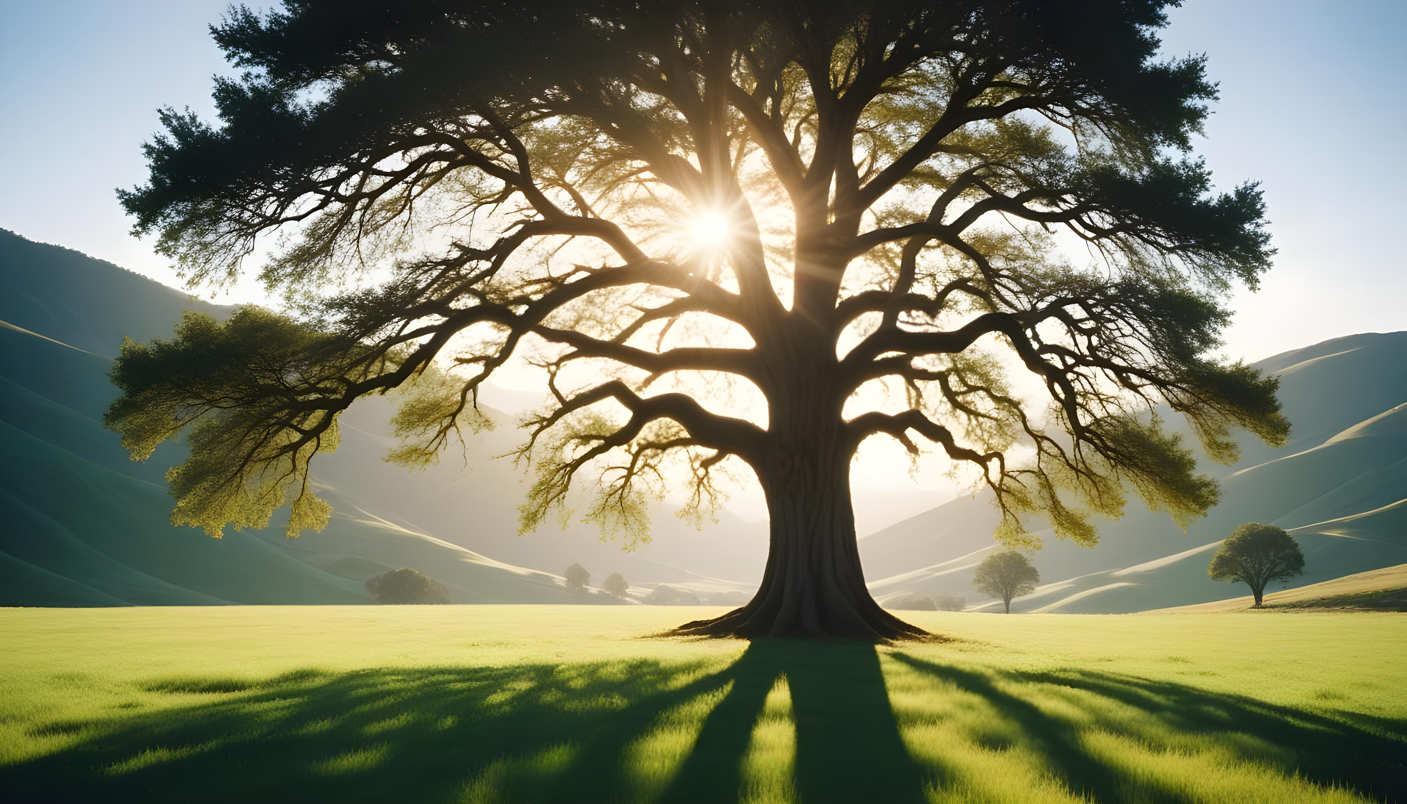 Majestic Sunlit Tree in Beautiful Countryside Landscape with Golden Sun Rays
