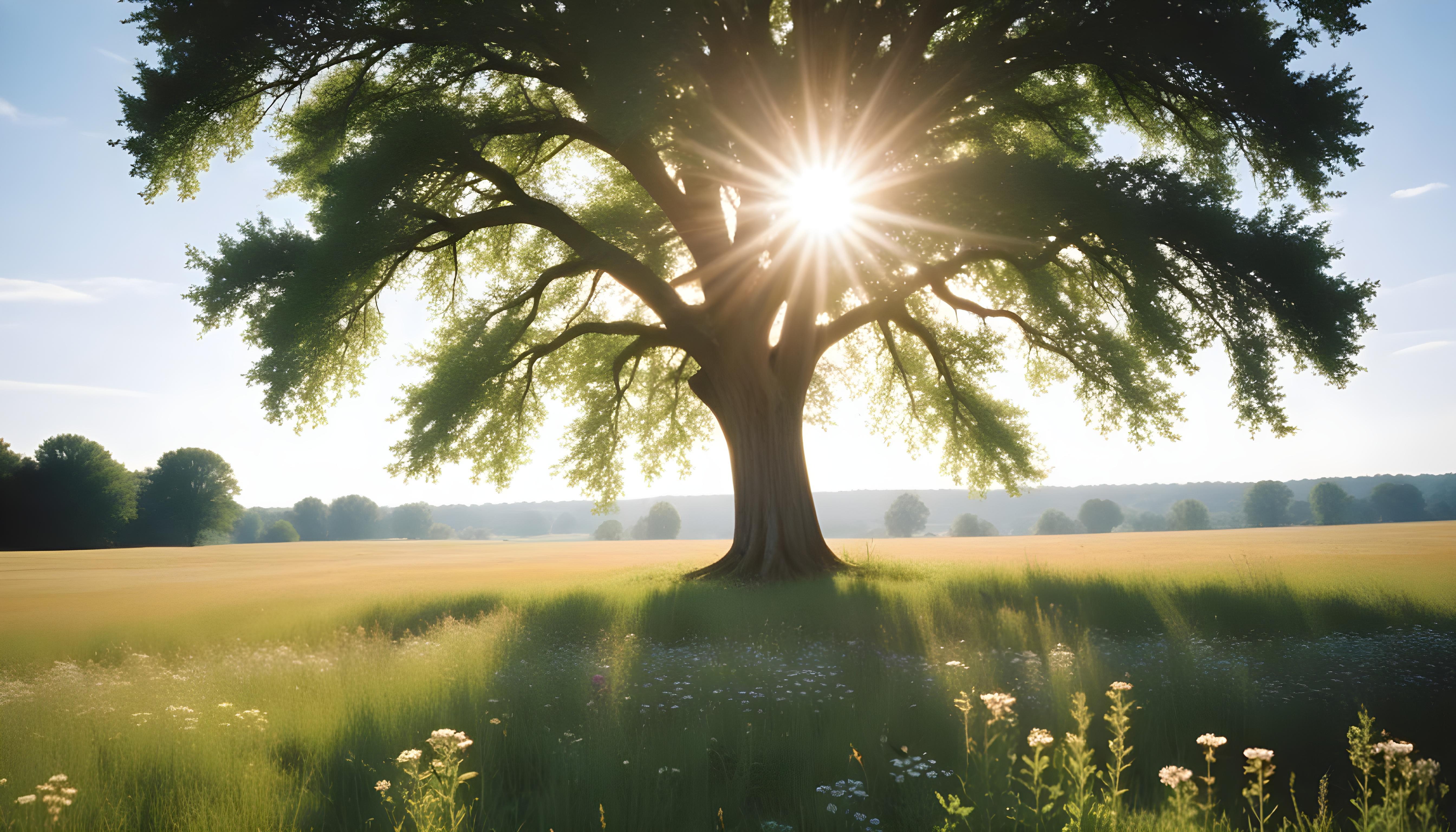Majestic Sunlit Tree in Beautiful Countryside Landscape with Golden Sun Rays