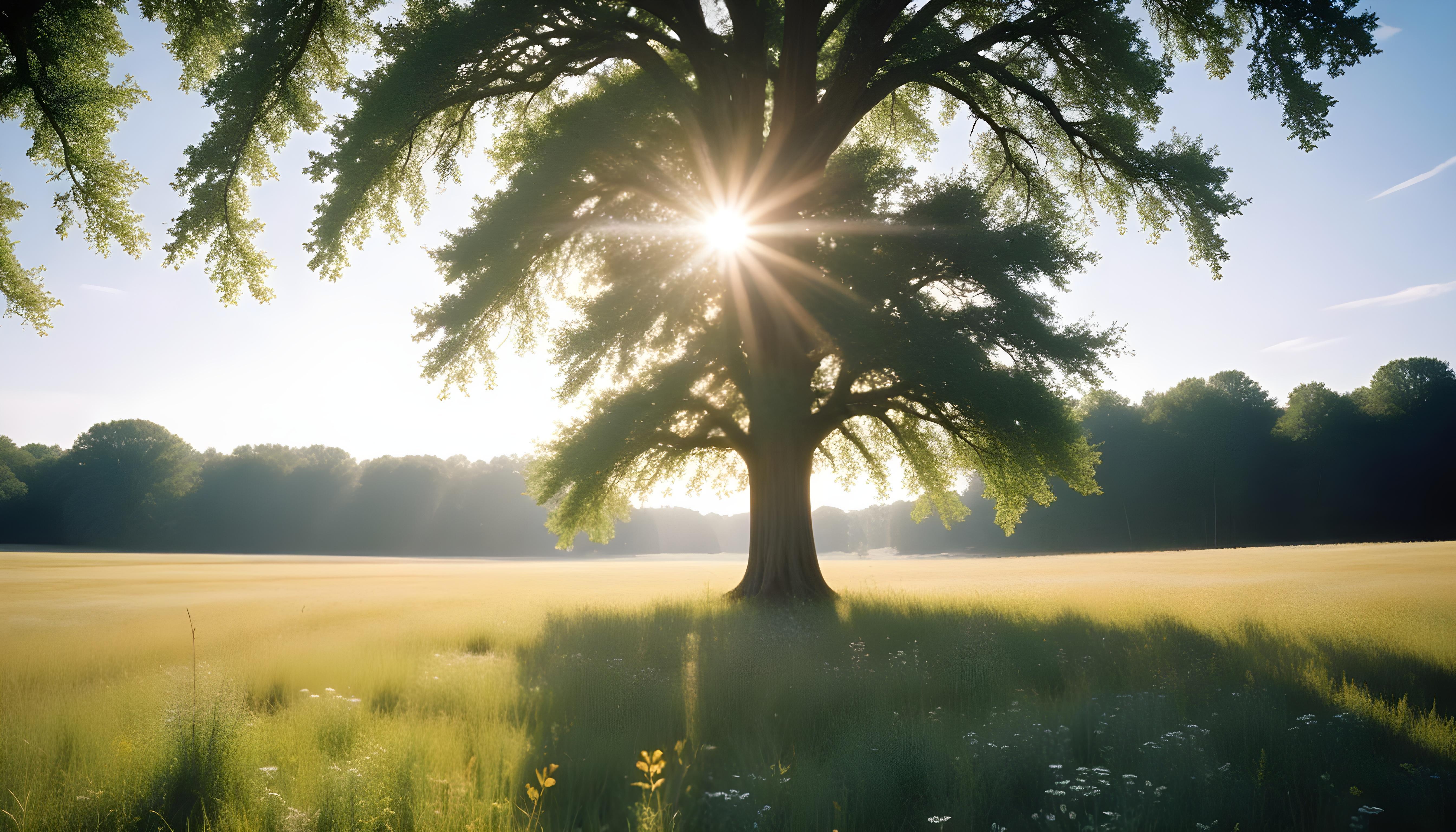 Majestic Sunlit Tree in Beautiful Countryside Landscape with Golden Sun Rays