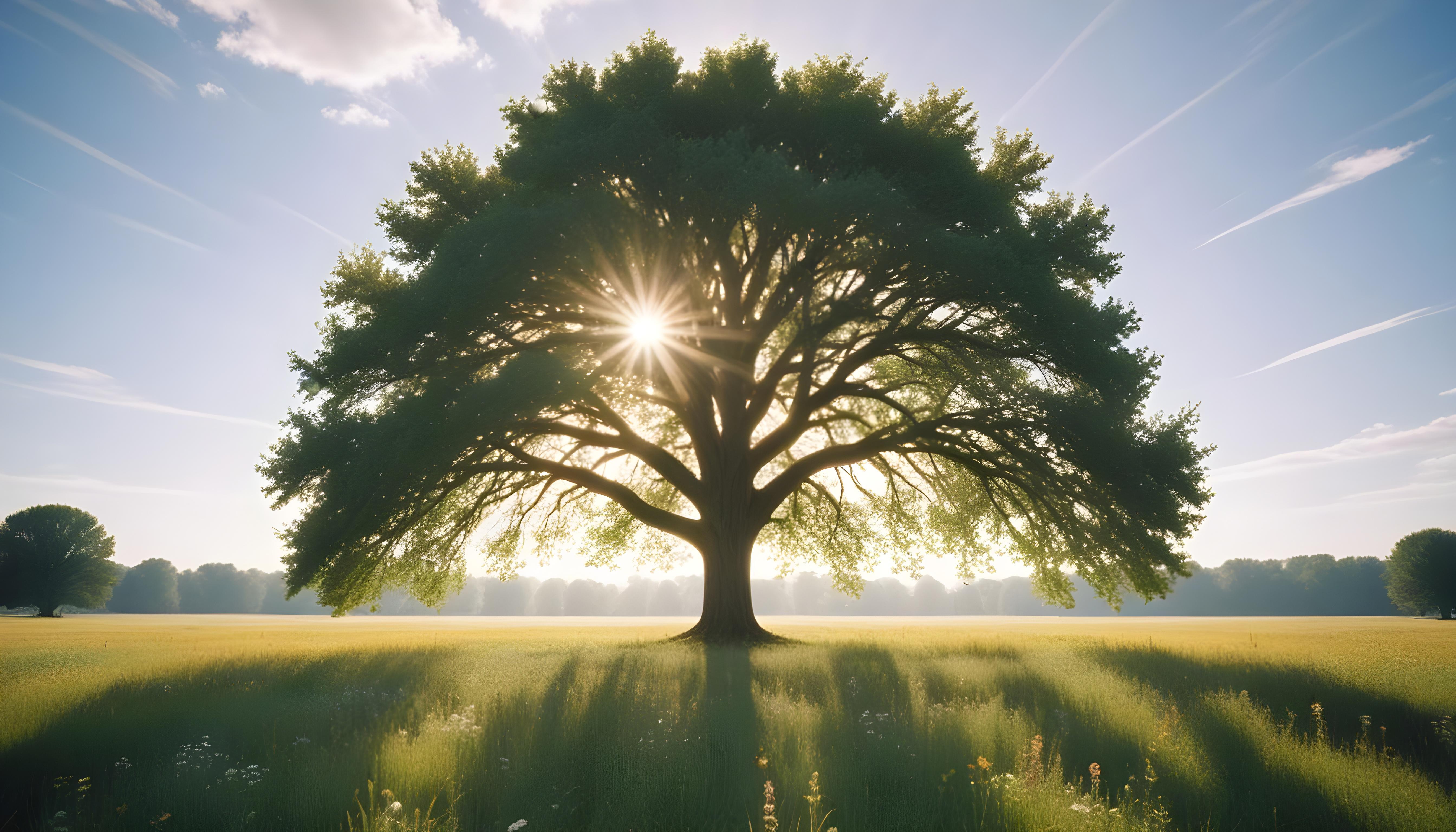 Majestic Sunlit Tree in Beautiful Countryside Landscape with Golden Sun Rays