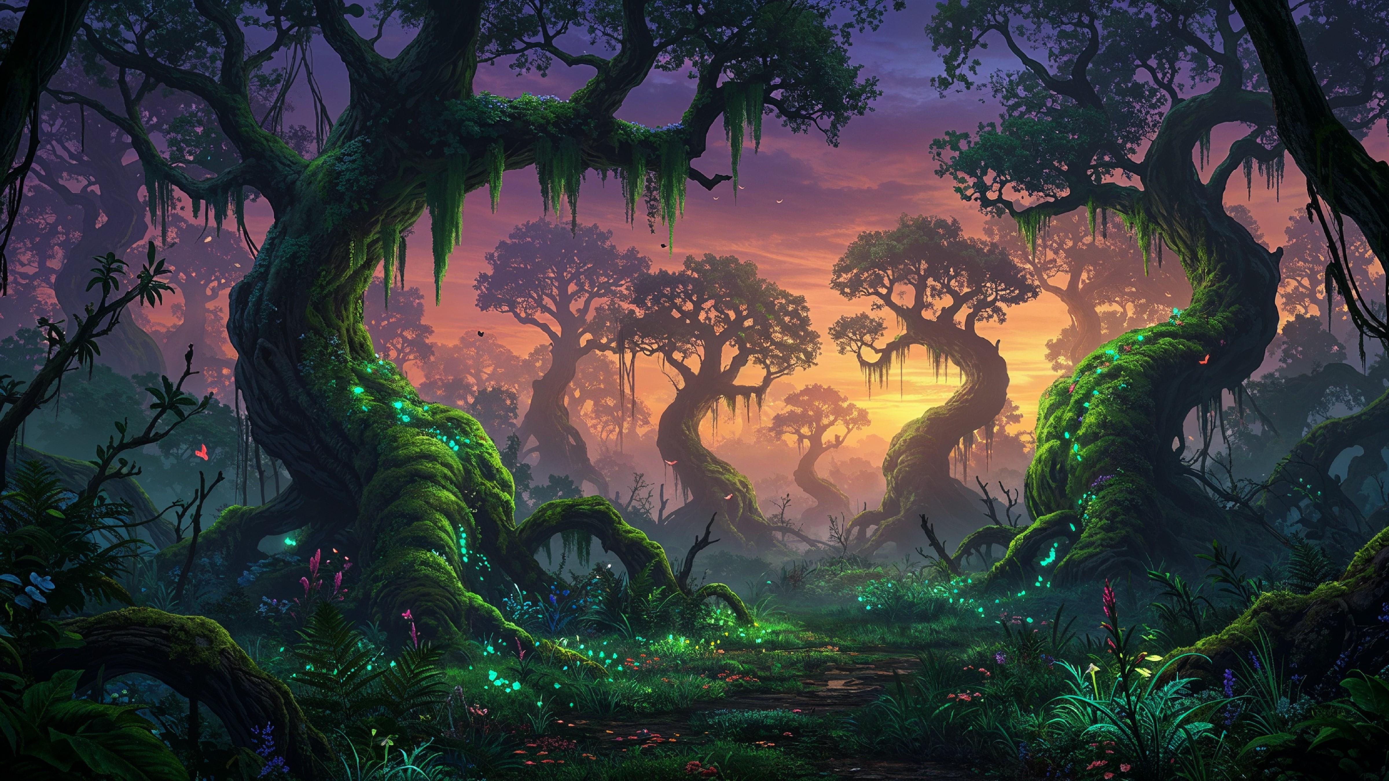 Mystical Enchanted Forest with Glowing Trees and Magical Fantasy Landscape