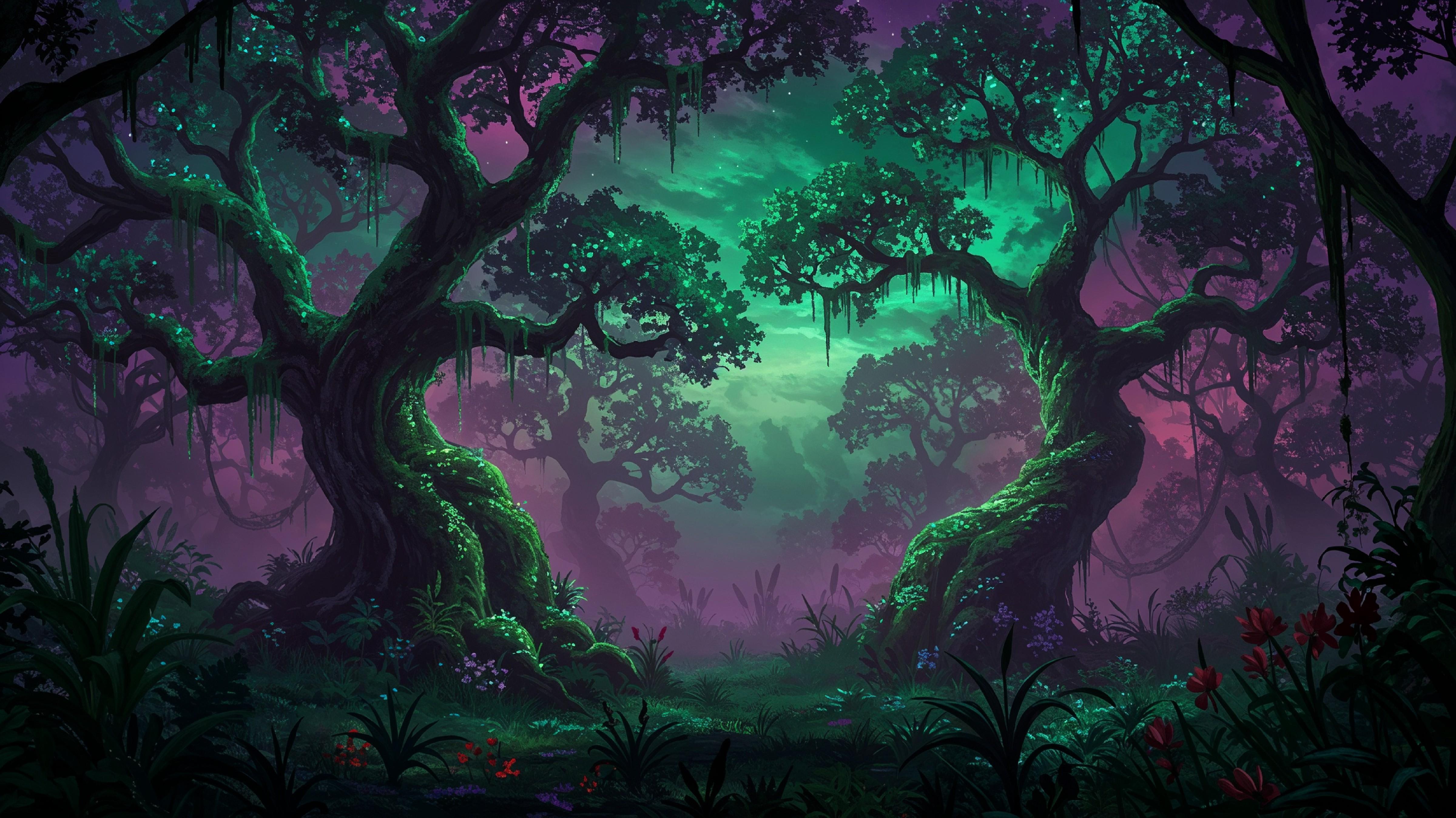 Mystical Enchanted Forest with Glowing Trees and Magical Fantasy Landscape