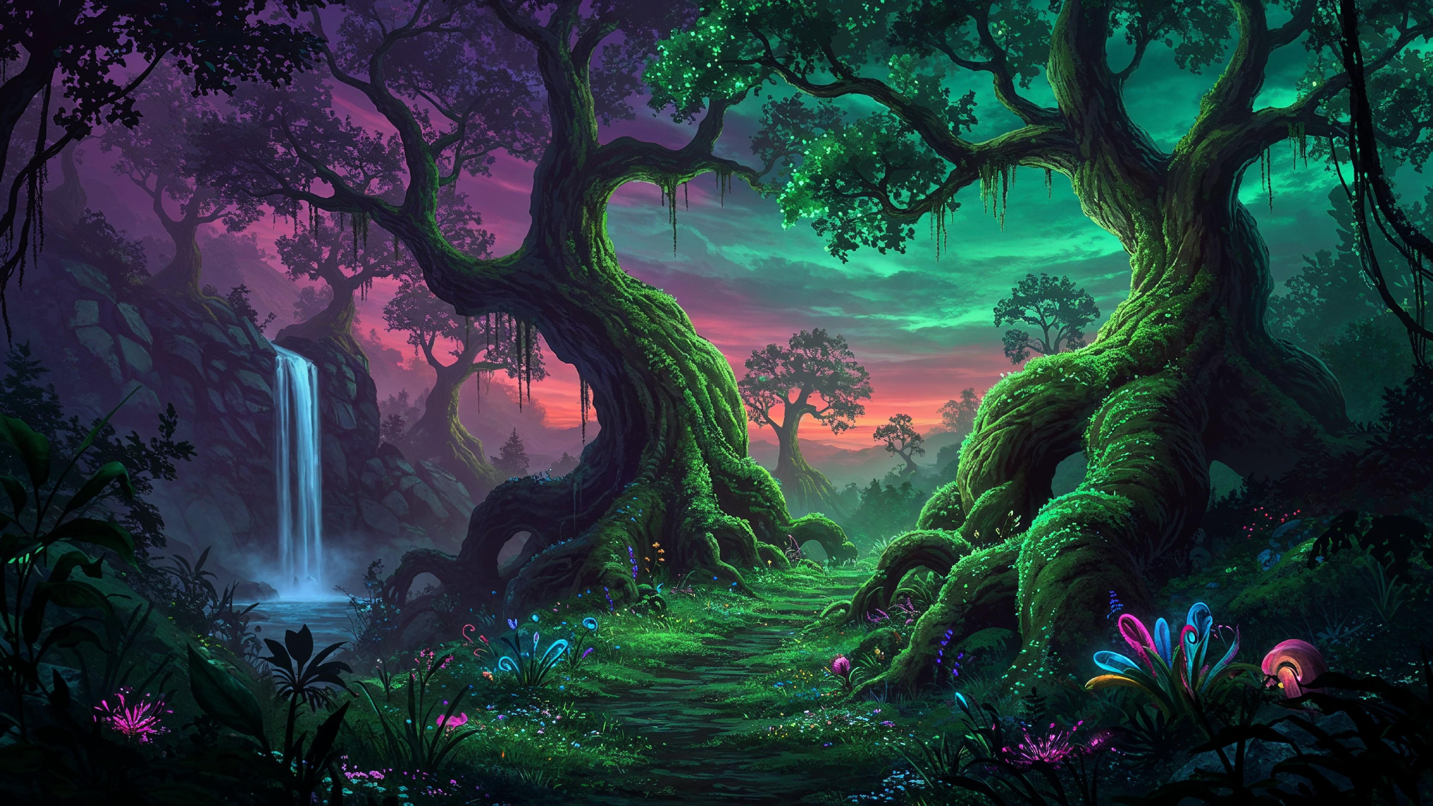 Mystical Enchanted Forest with Glowing Trees and Magical Fantasy Landscape