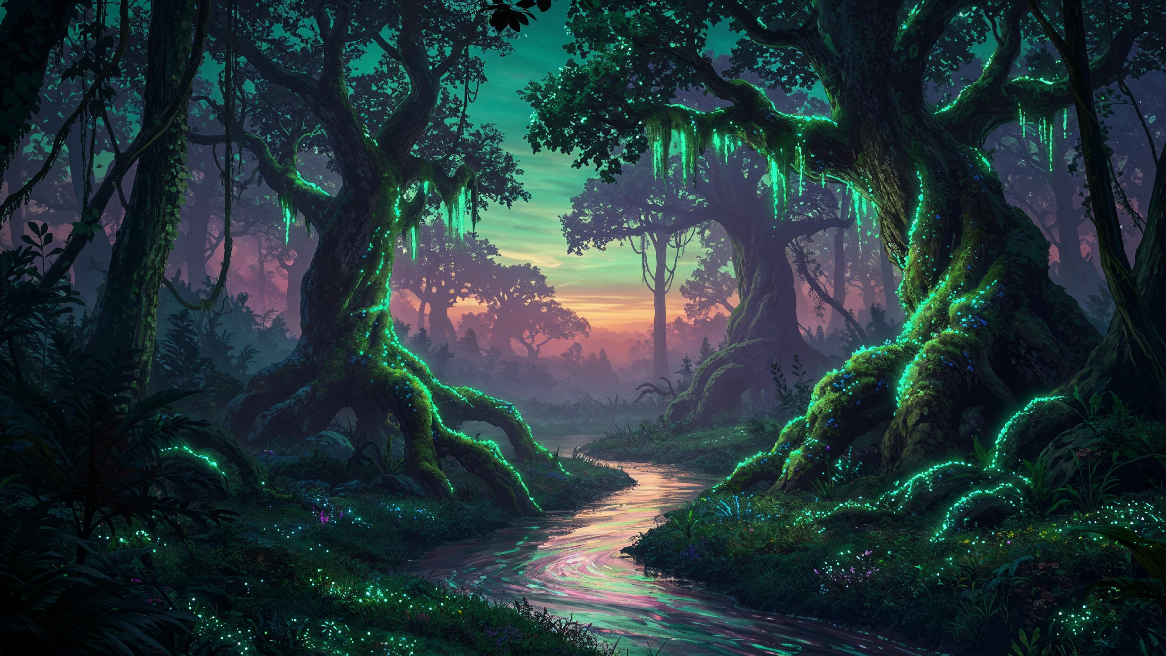 Mystical Enchanted Forest with Glowing Trees and Magical Fantasy Landscape