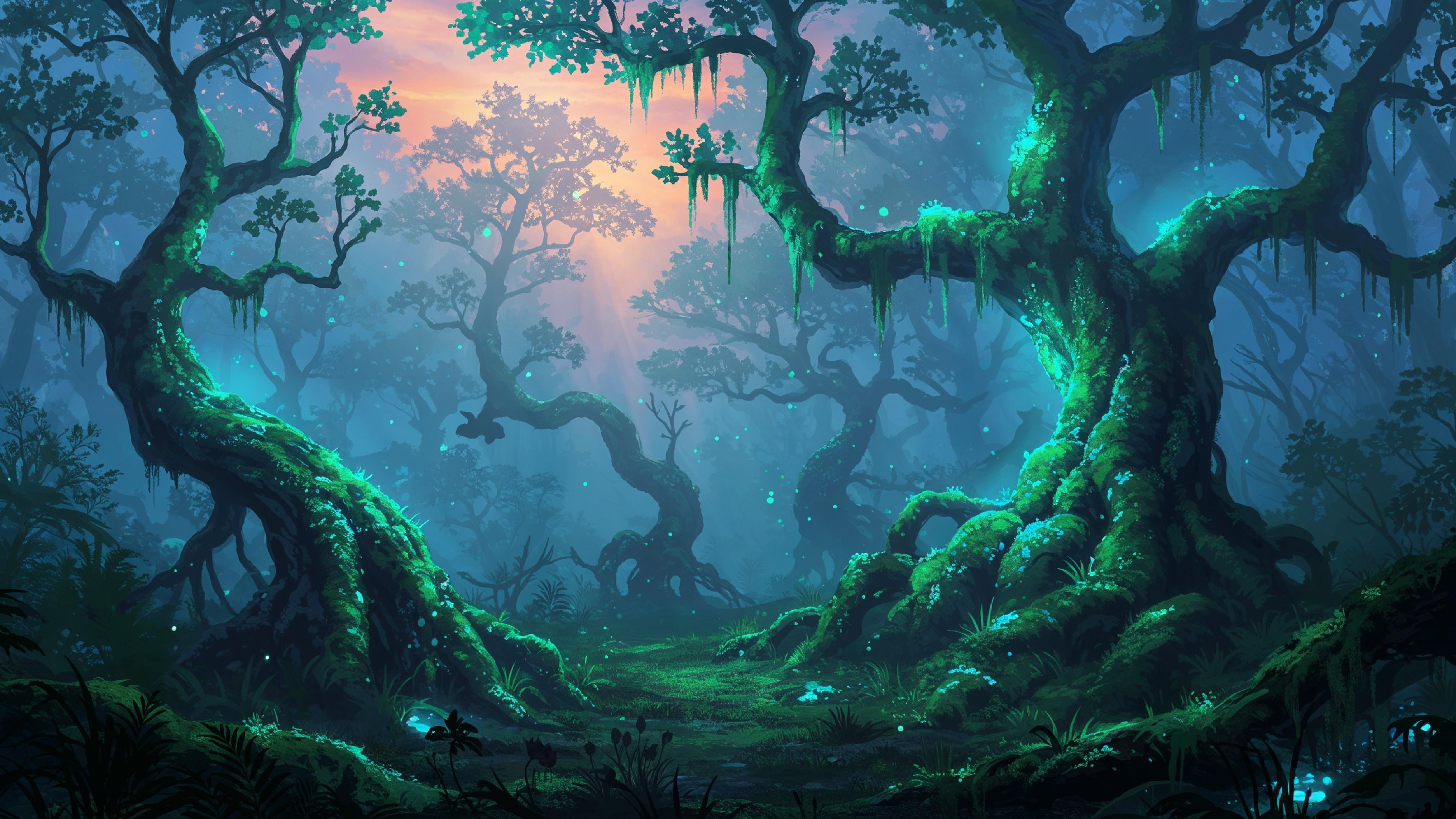 Mystical Enchanted Forest with Glowing Trees and Magical Fantasy Landscape