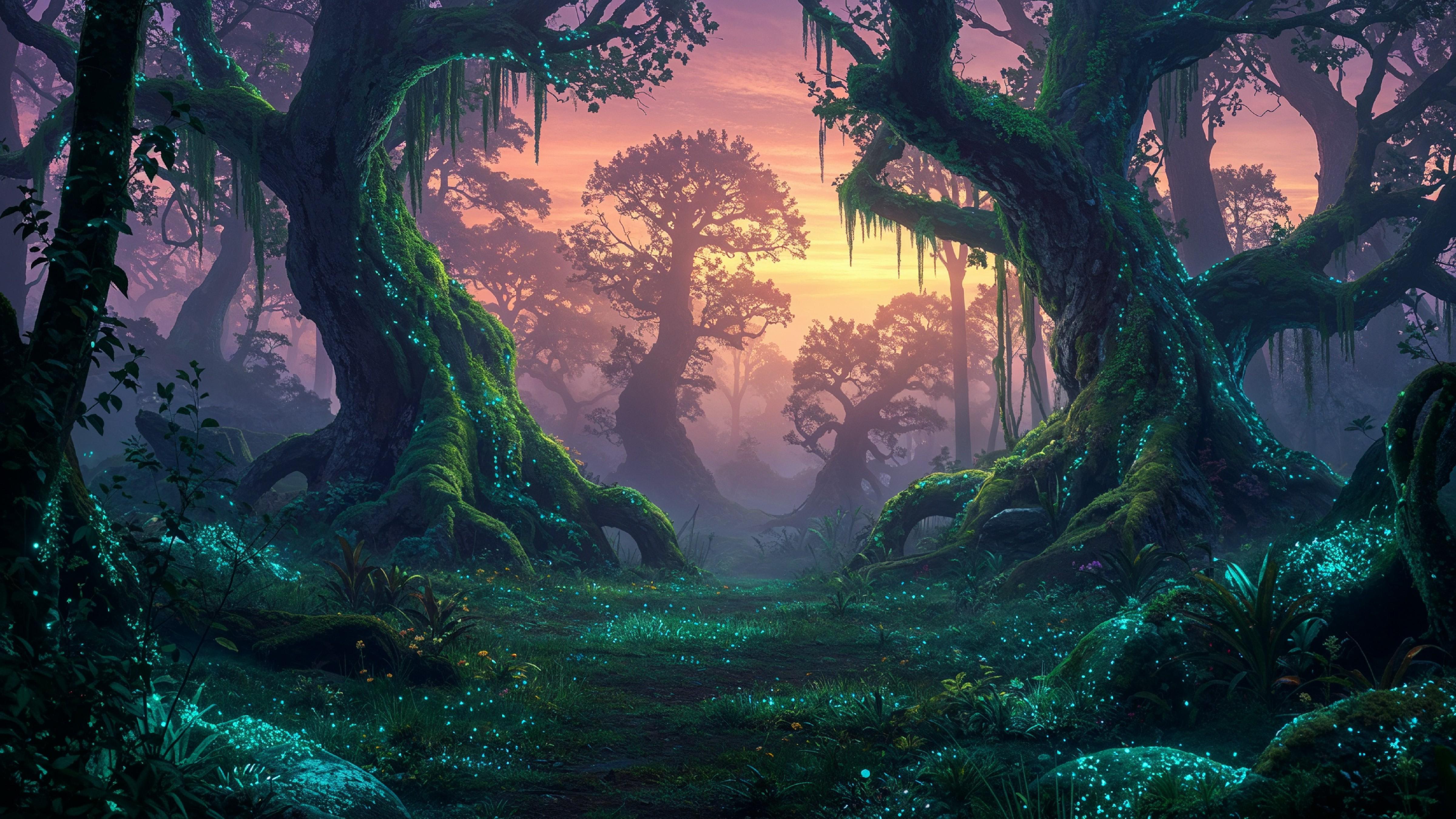 Mystical Enchanted Forest with Glowing Trees and Magical Fantasy Landscape