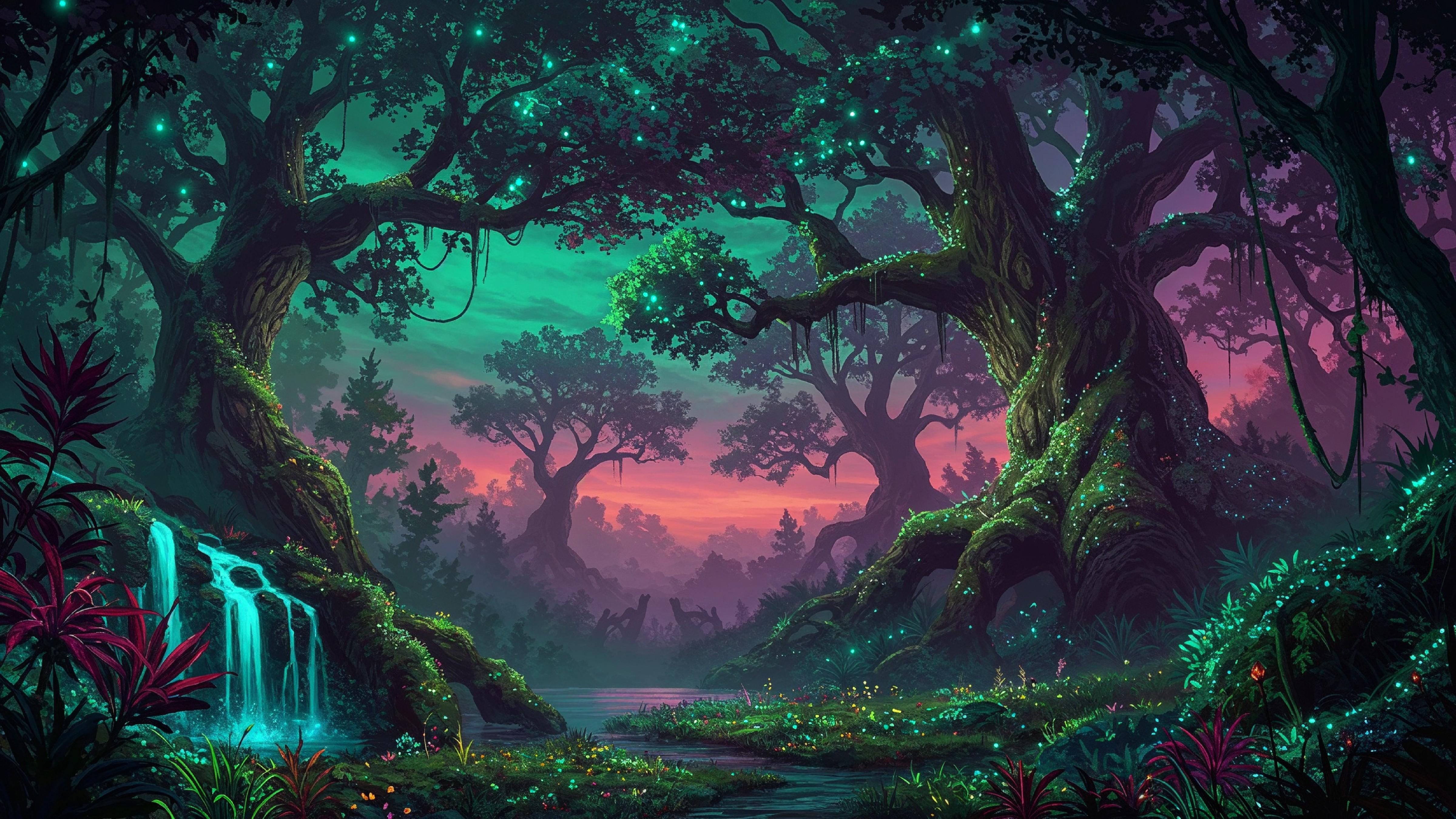 Mystical Enchanted Forest with Glowing Trees and Magical Fantasy Landscape