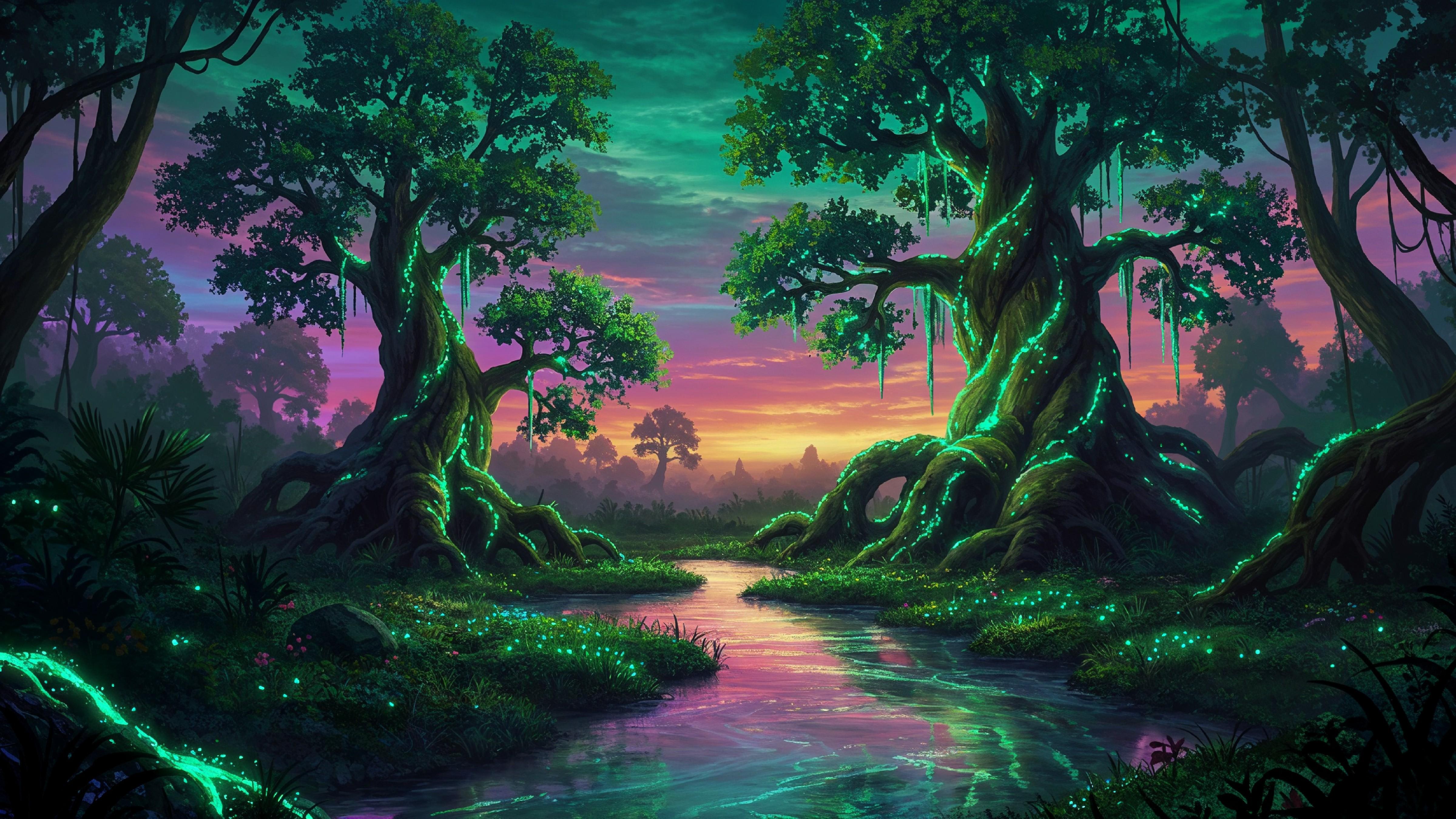 Mystical Enchanted Forest with Glowing Trees and Magical Fantasy Landscape