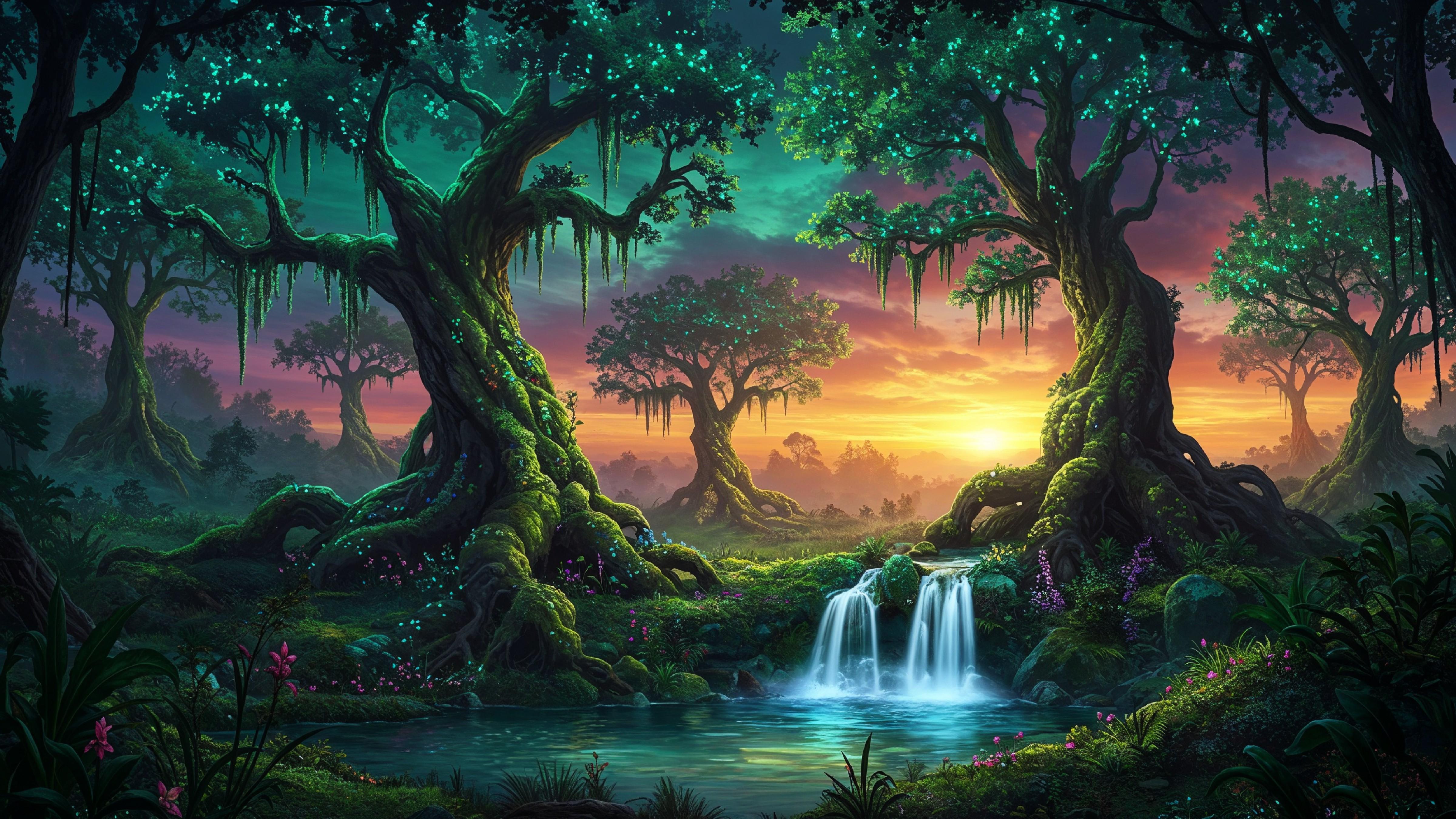 Mystical Enchanted Forest with Glowing Trees and Magical Fantasy Landscape