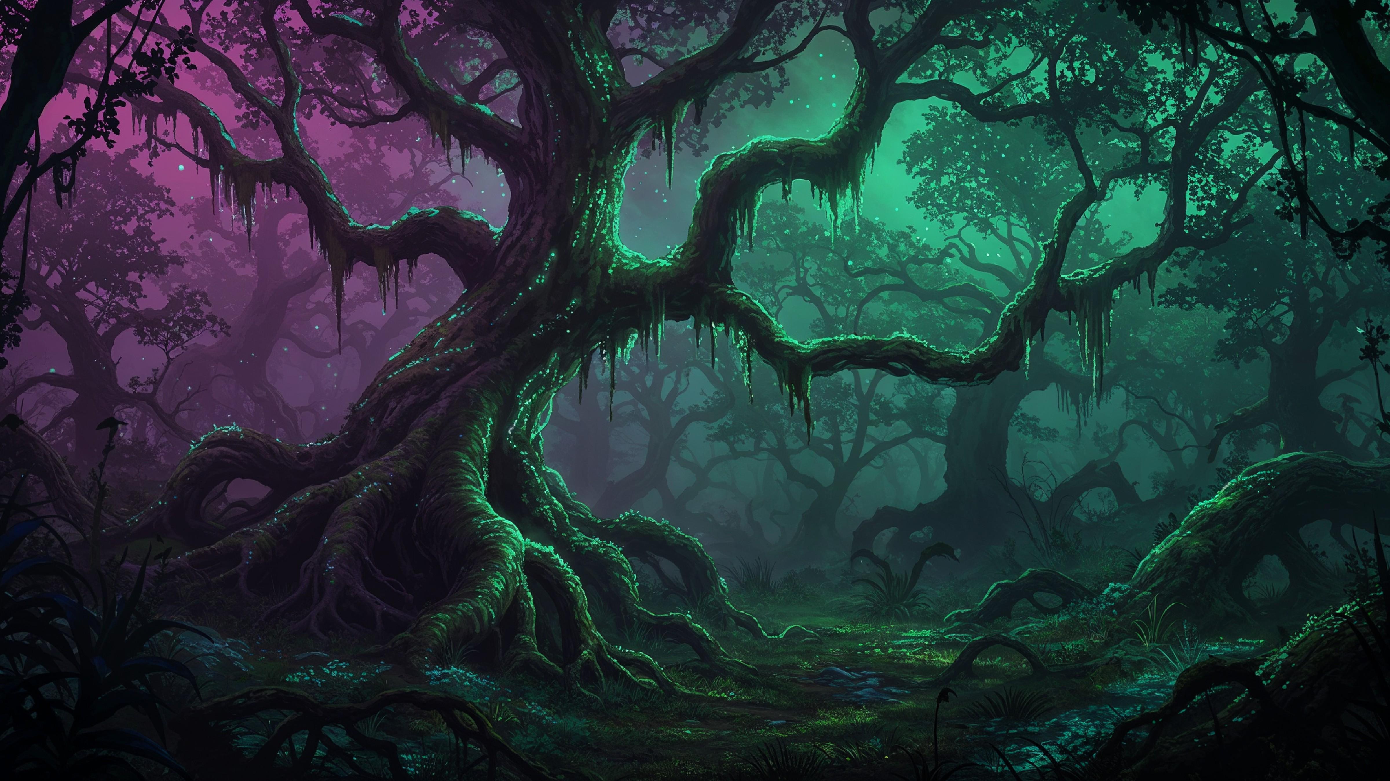 Mystical Enchanted Forest with Glowing Trees and Magical Fantasy Landscape