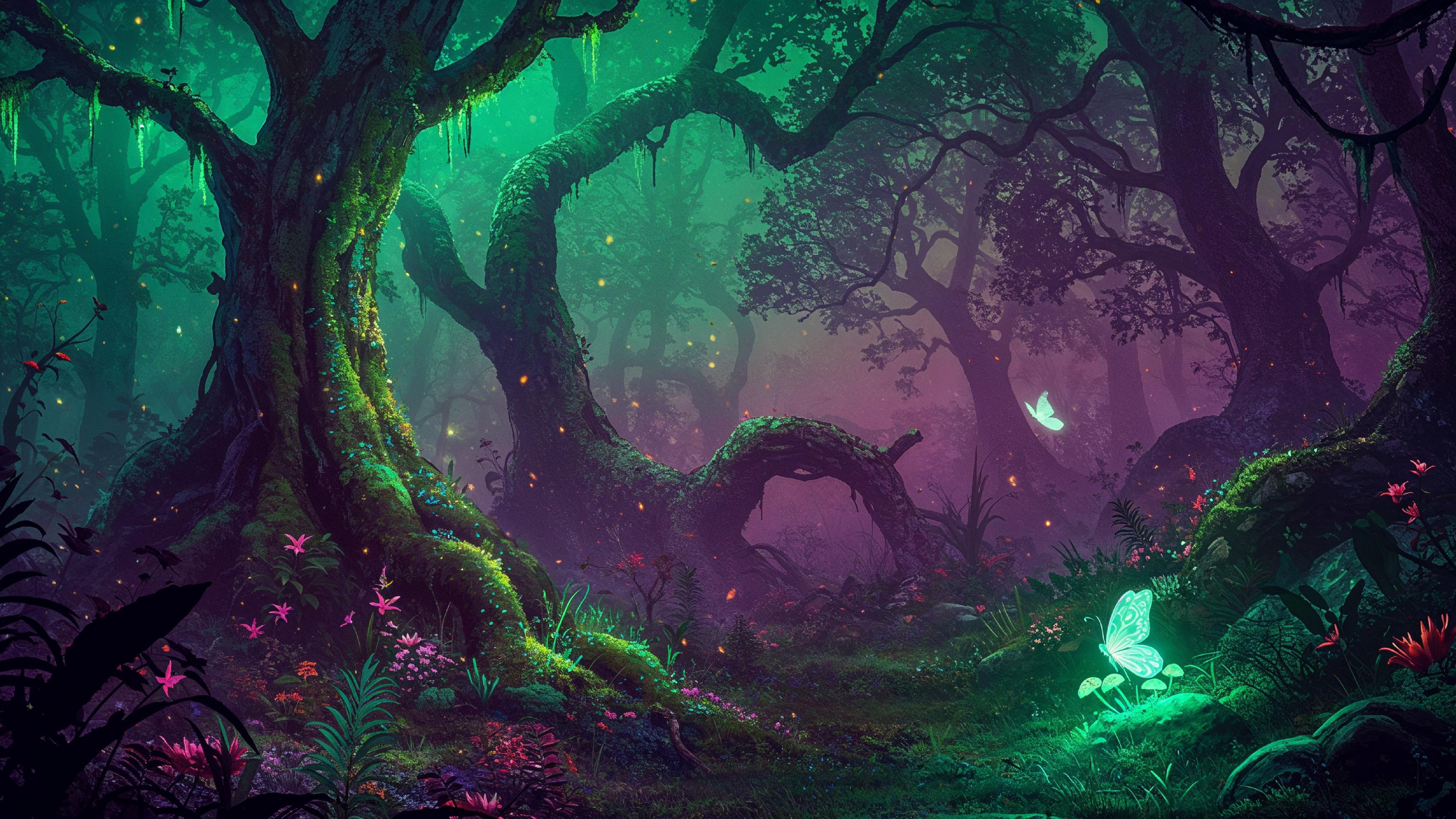 Mystical Enchanted Forest with Glowing Trees and Magical Fantasy Landscape