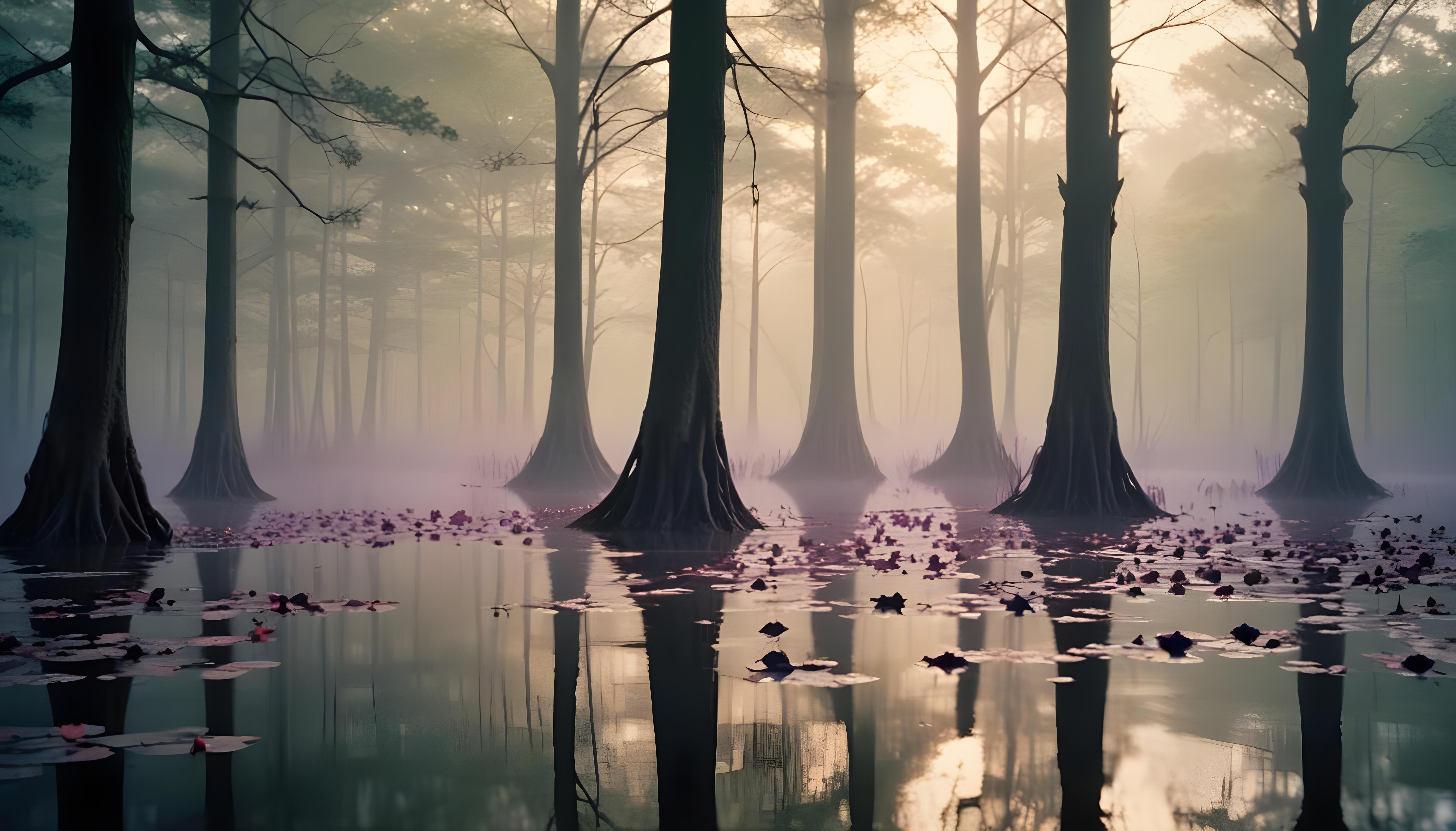 Mystical Lotus Flower on Serene Lake with Foggy Forest Landscape Background