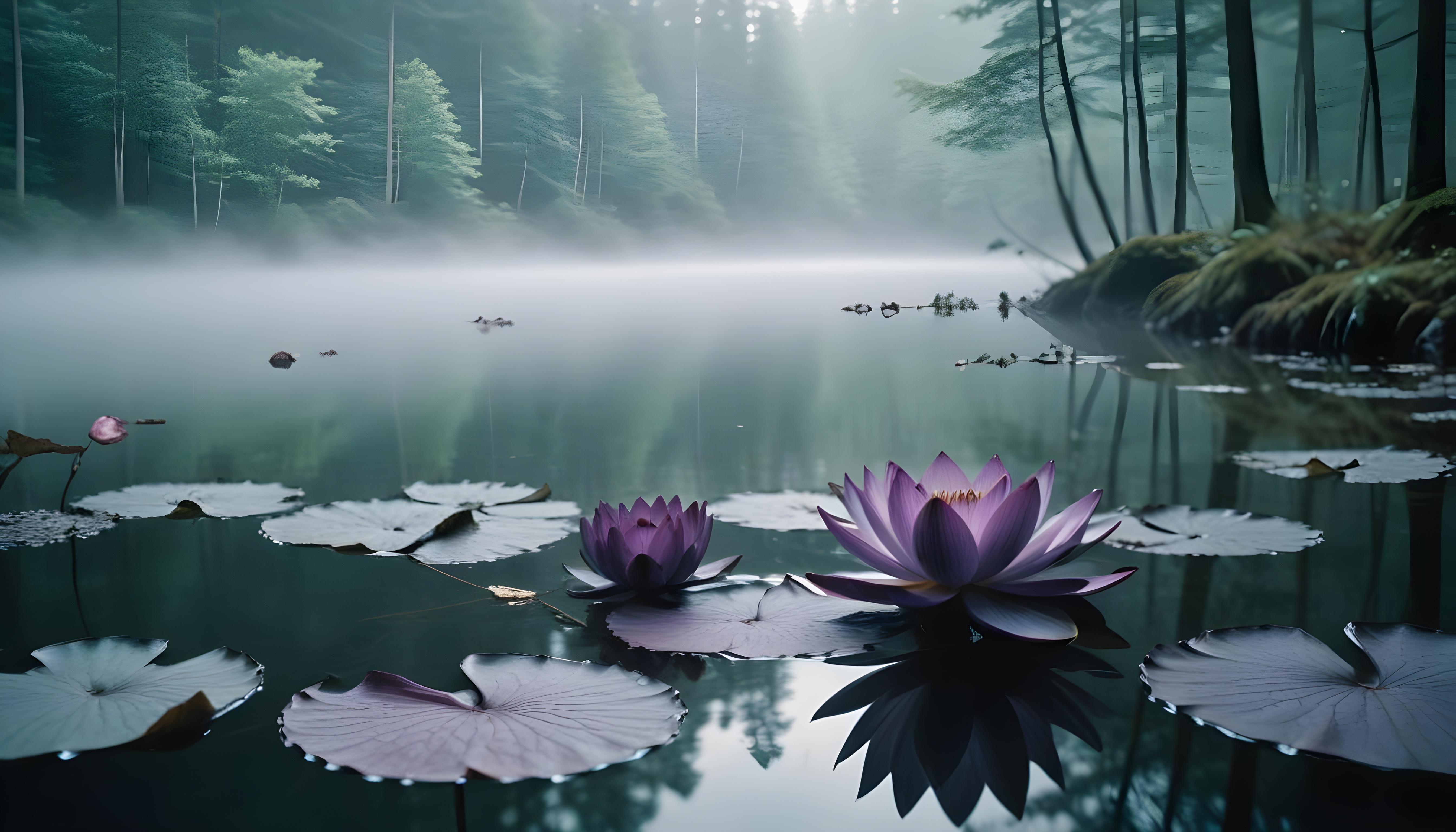 Mystical Lotus Flower on Serene Lake with Foggy Forest Landscape Background