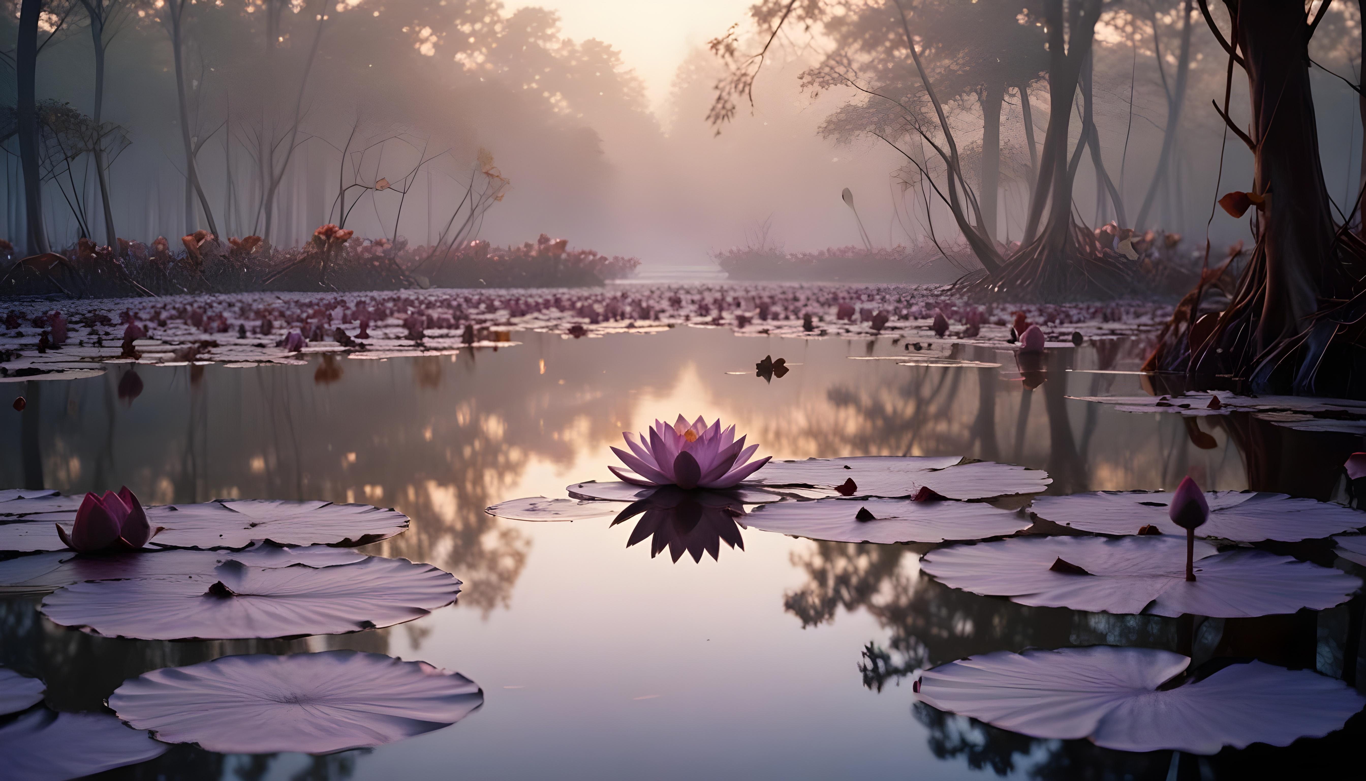 Mystical Lotus Flower on Serene Lake with Foggy Forest Landscape Background