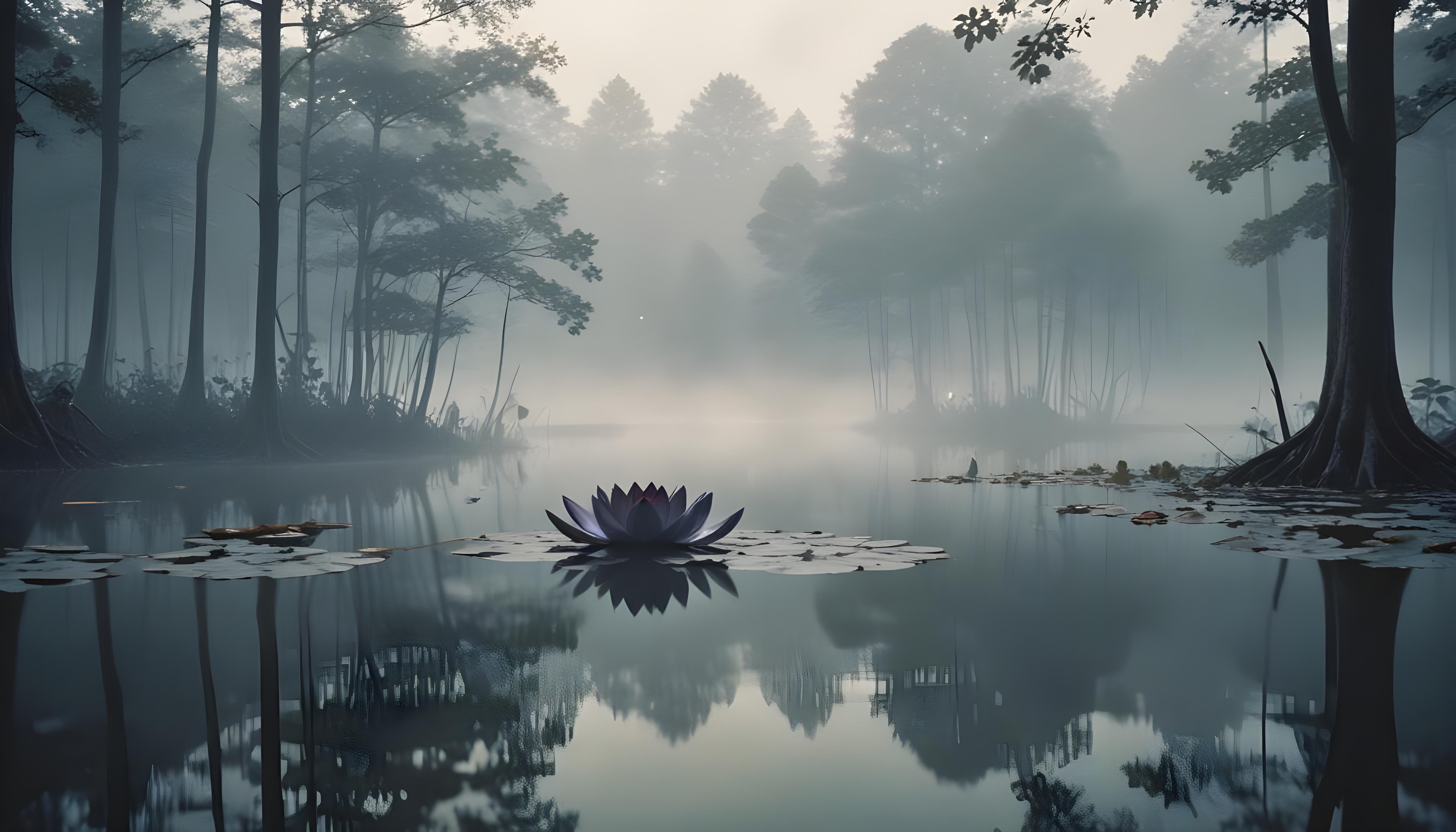 Mystical Lotus Flower on Serene Lake with Foggy Forest Landscape Background