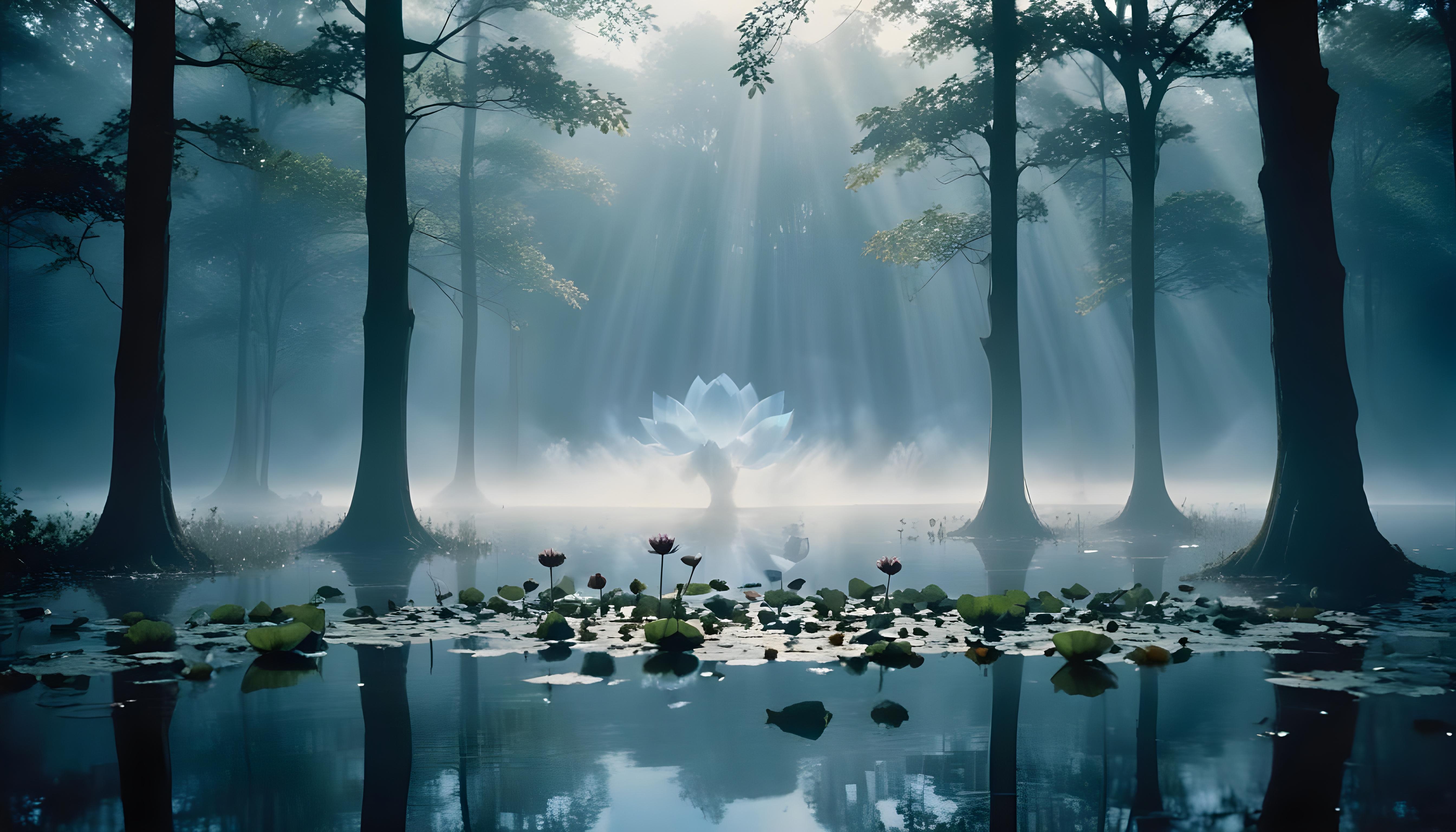 Mystical Lotus Flower on Serene Lake with Foggy Forest Landscape Background
