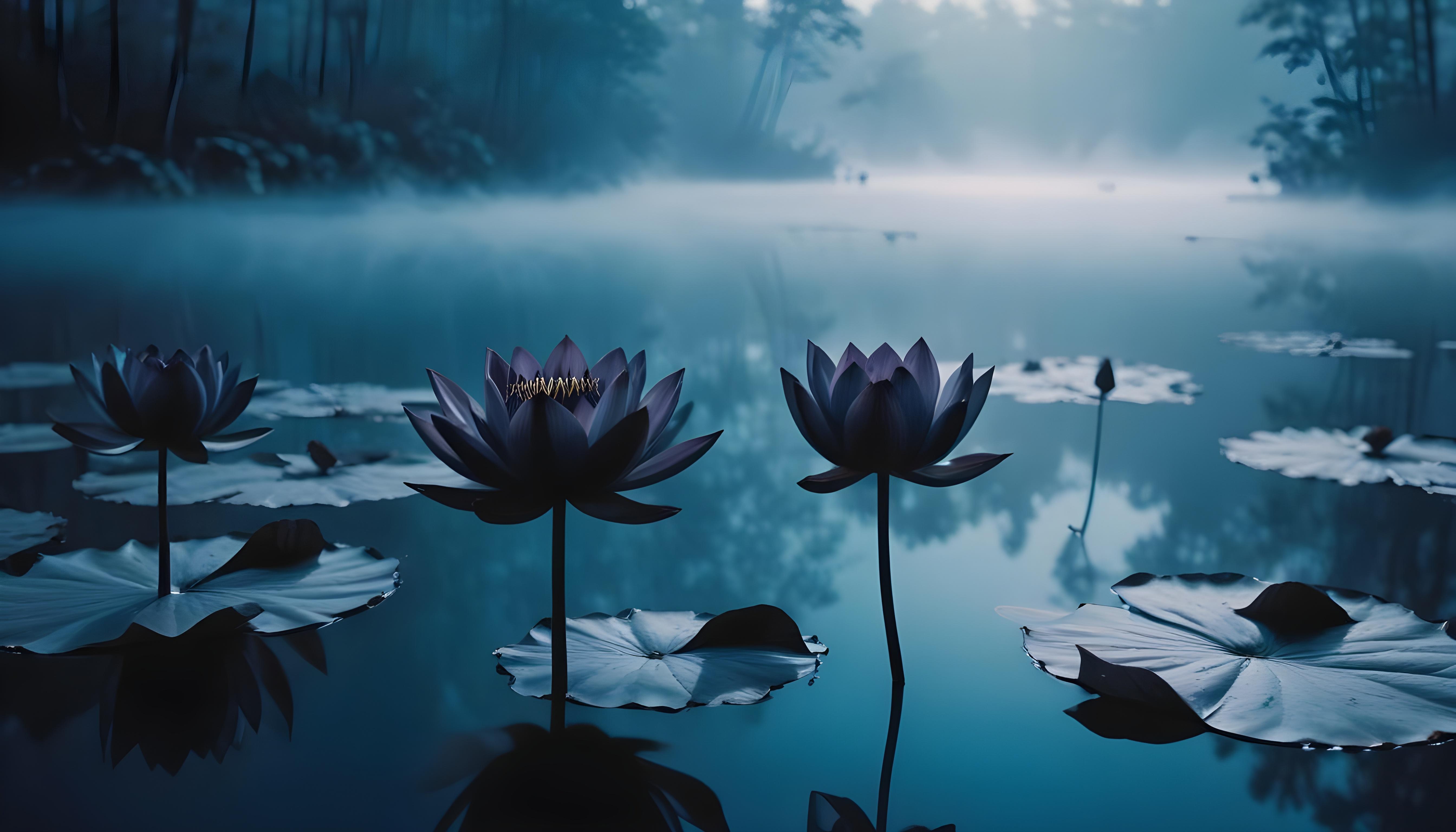 Mystical Lotus Flower on Serene Lake with Foggy Forest Landscape Background
