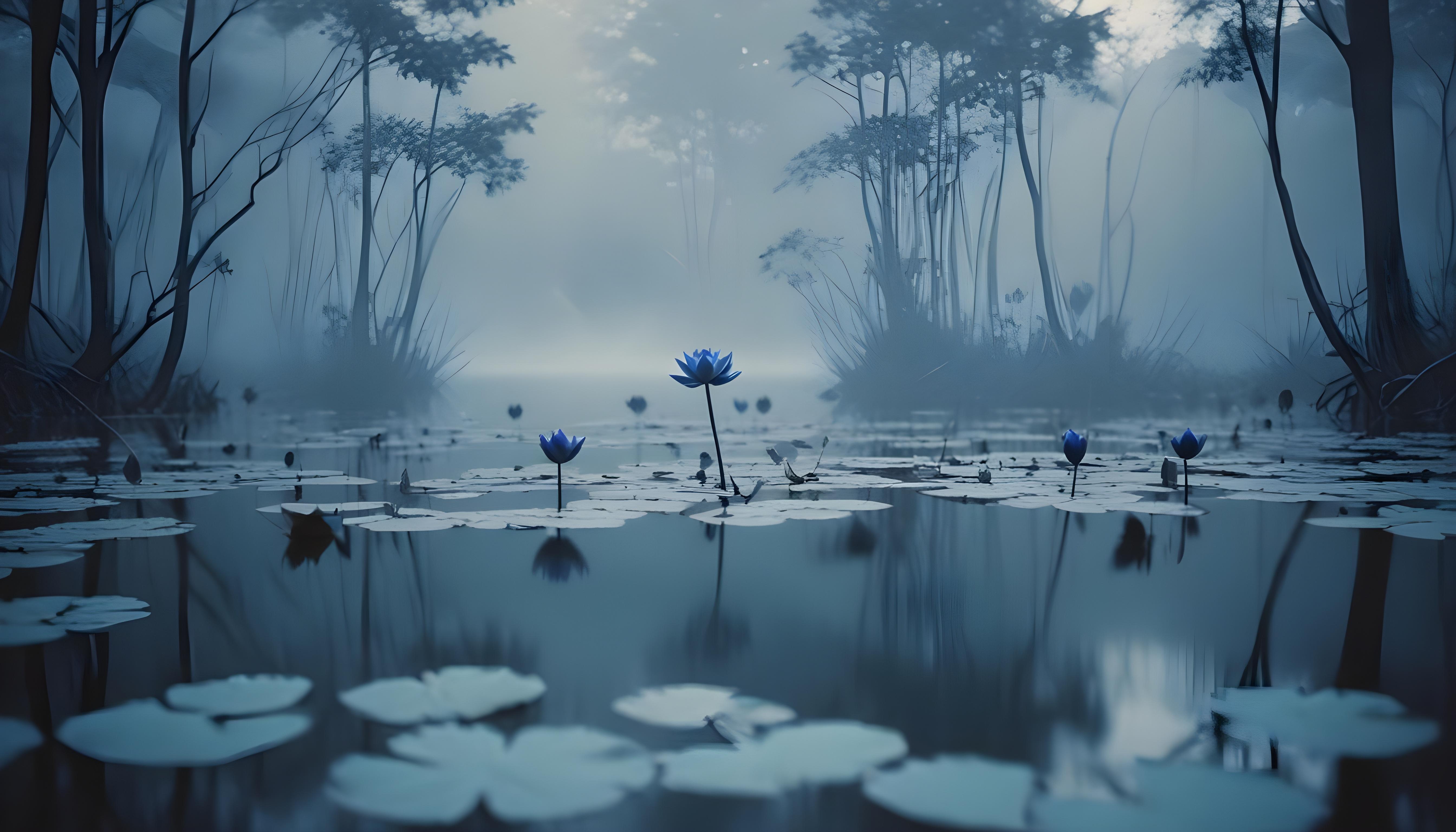Mystical Lotus Flower on Serene Lake with Foggy Forest Landscape Background