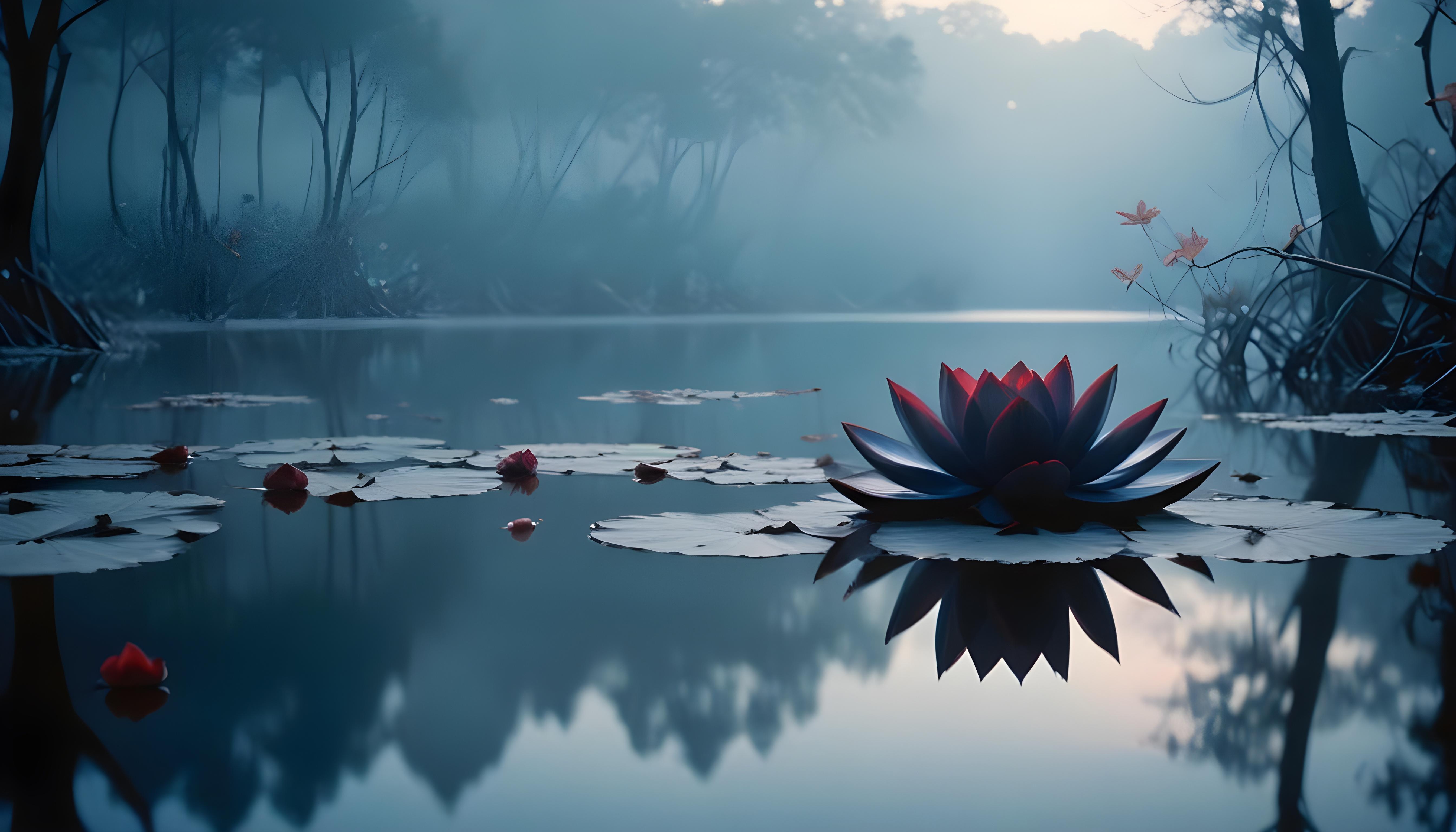 Mystical Lotus Flower on Serene Lake with Foggy Forest Landscape Background