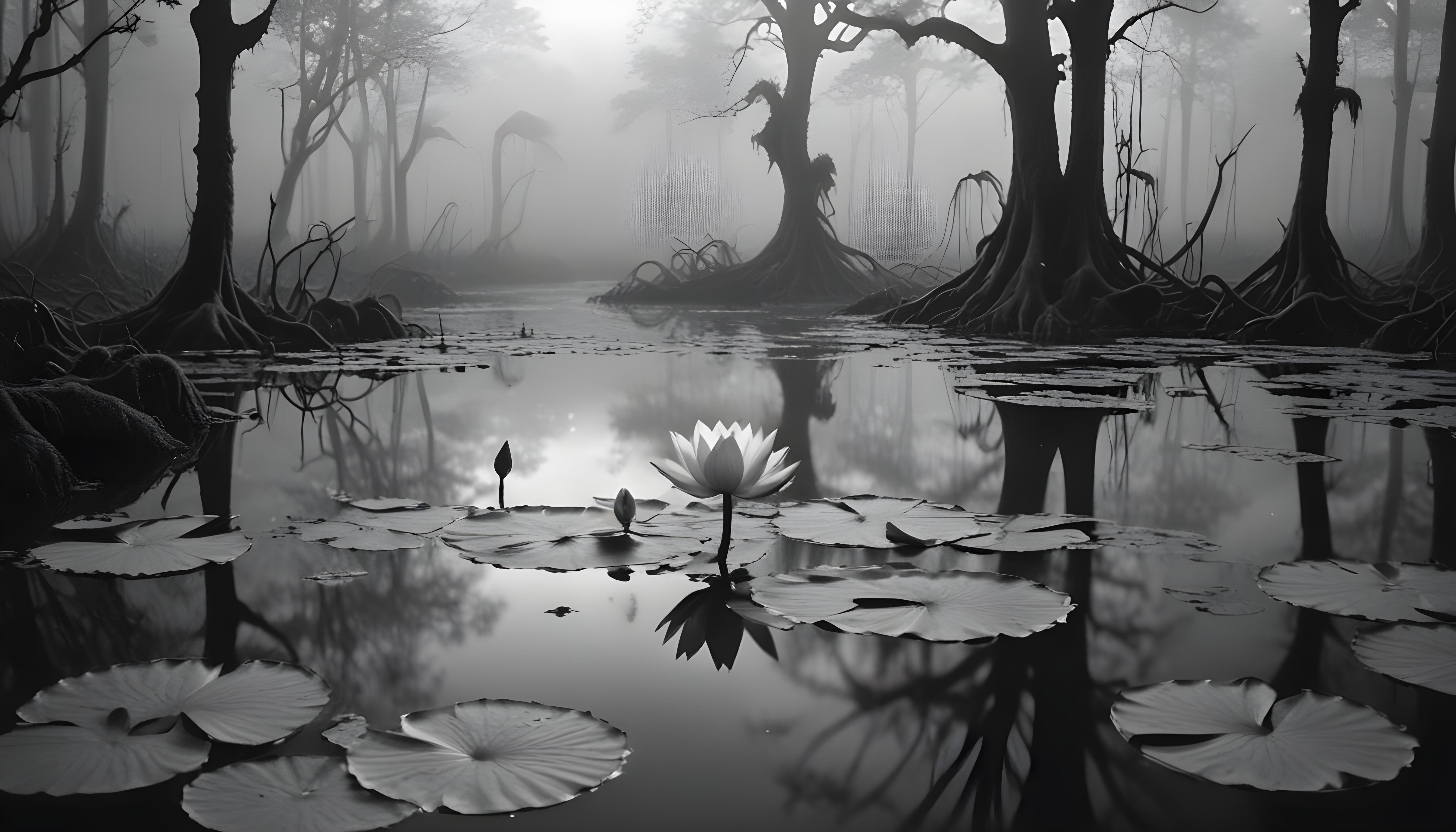 Mystical Lotus Flower on Serene Lake with Foggy Forest Landscape Background