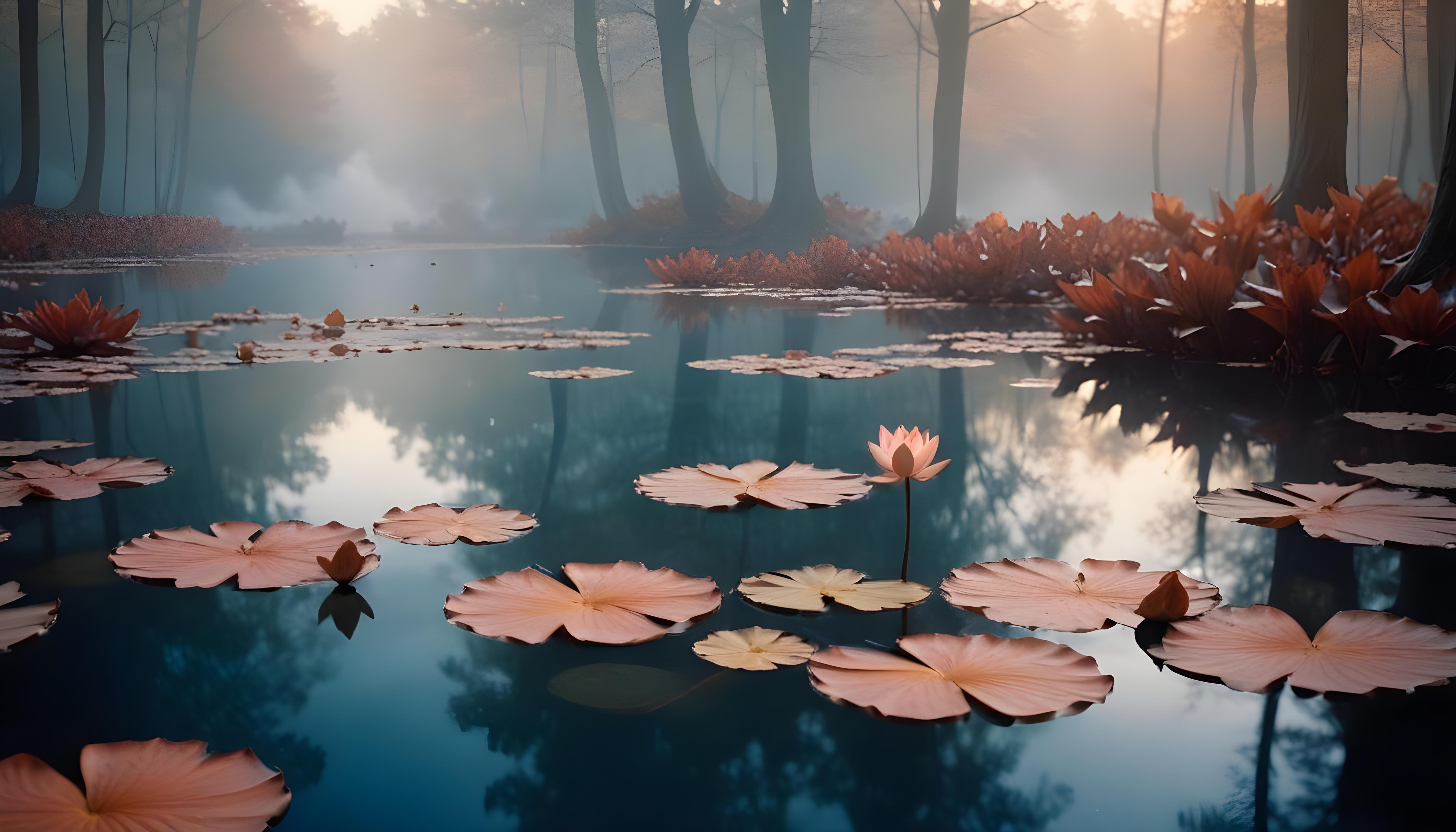 Mystical Lotus Flower on Serene Lake with Foggy Forest Landscape Background