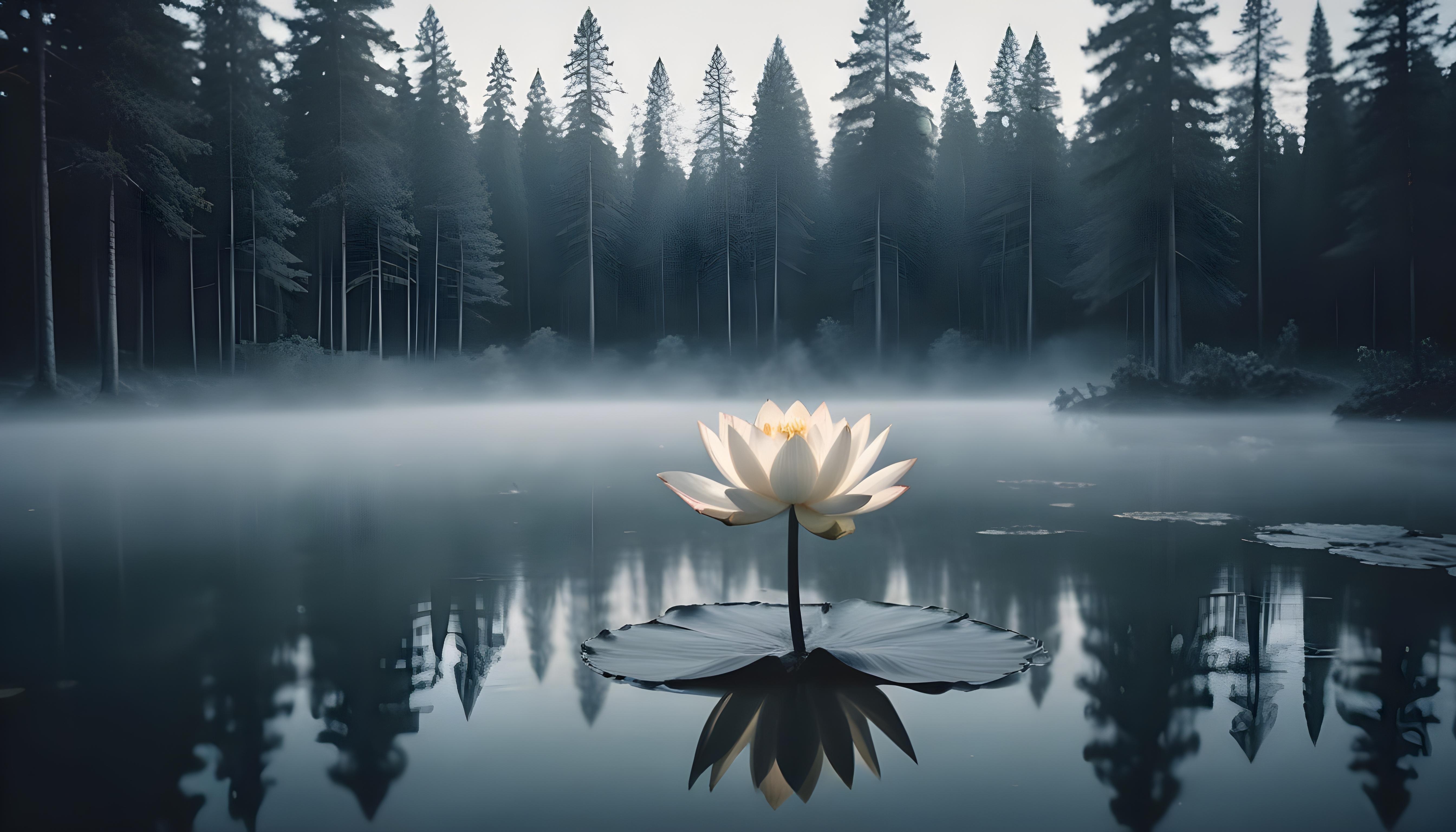 Mystical Lotus Flower on Serene Lake with Foggy Forest Landscape Background