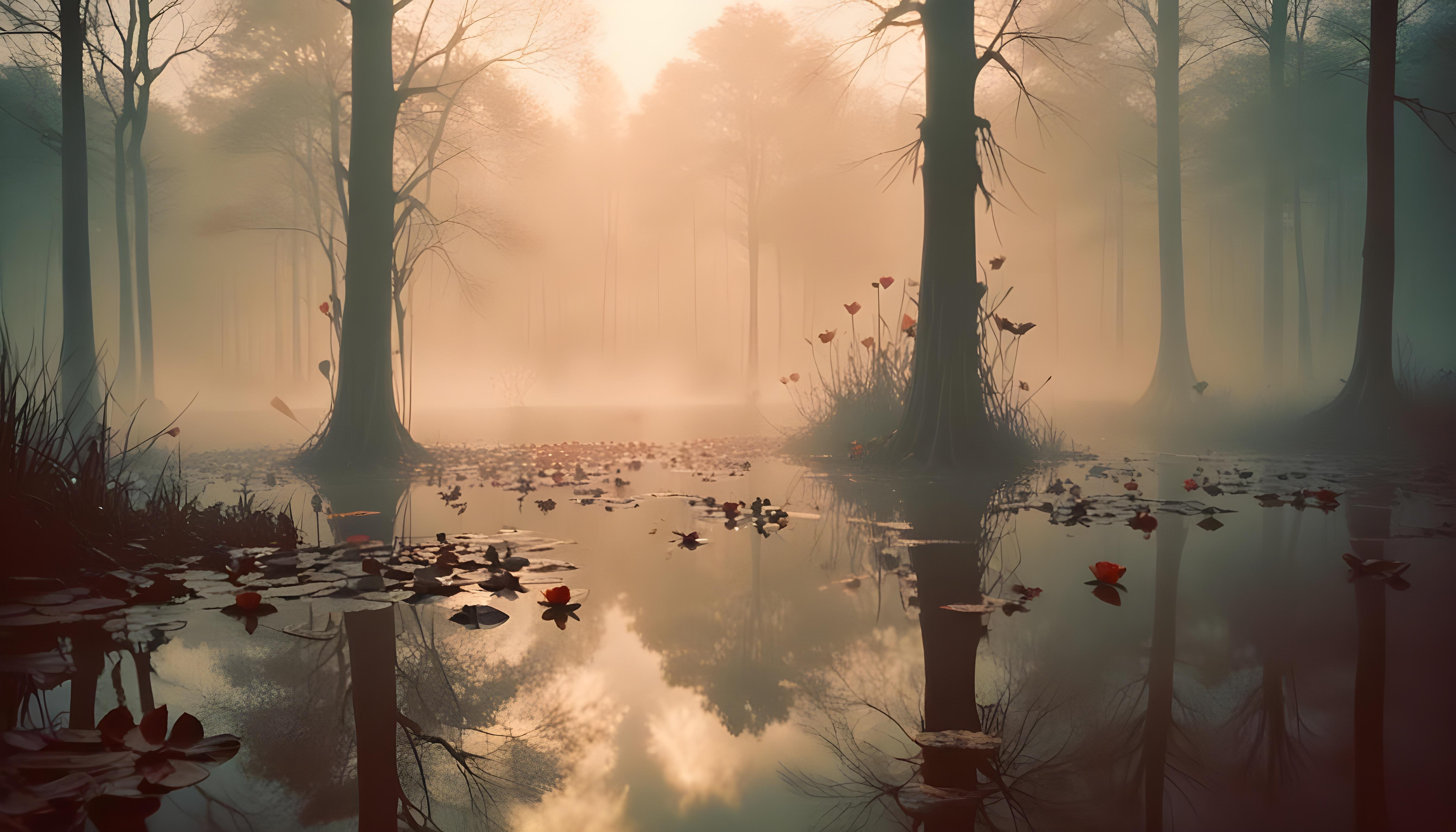 Mystical Lotus Flower on Serene Lake with Foggy Forest Landscape Background