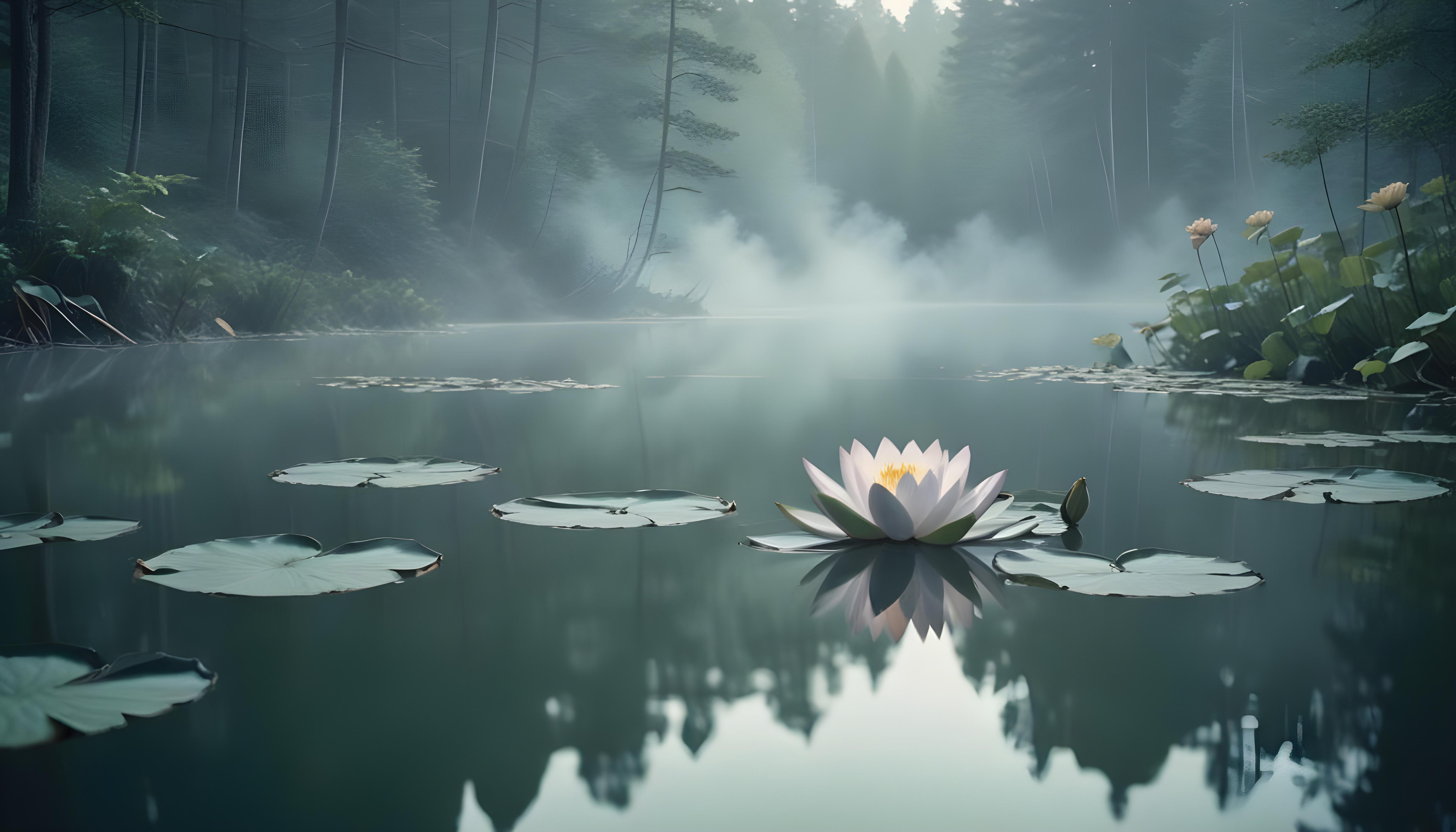 Mystical Lotus Flower on Serene Lake with Foggy Forest Landscape Background
