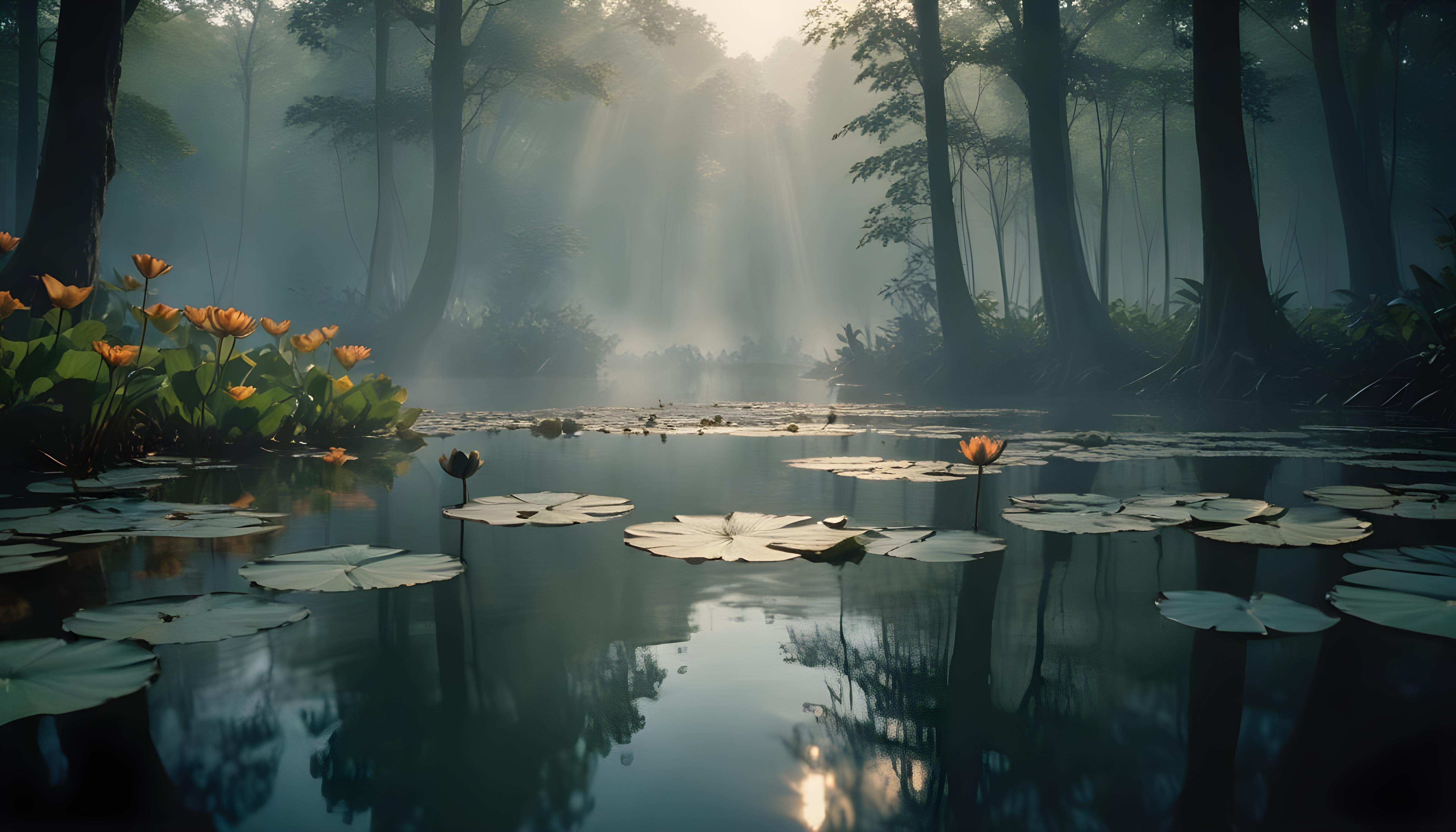 Mystical Lotus Flower on Serene Lake with Foggy Forest Landscape Background