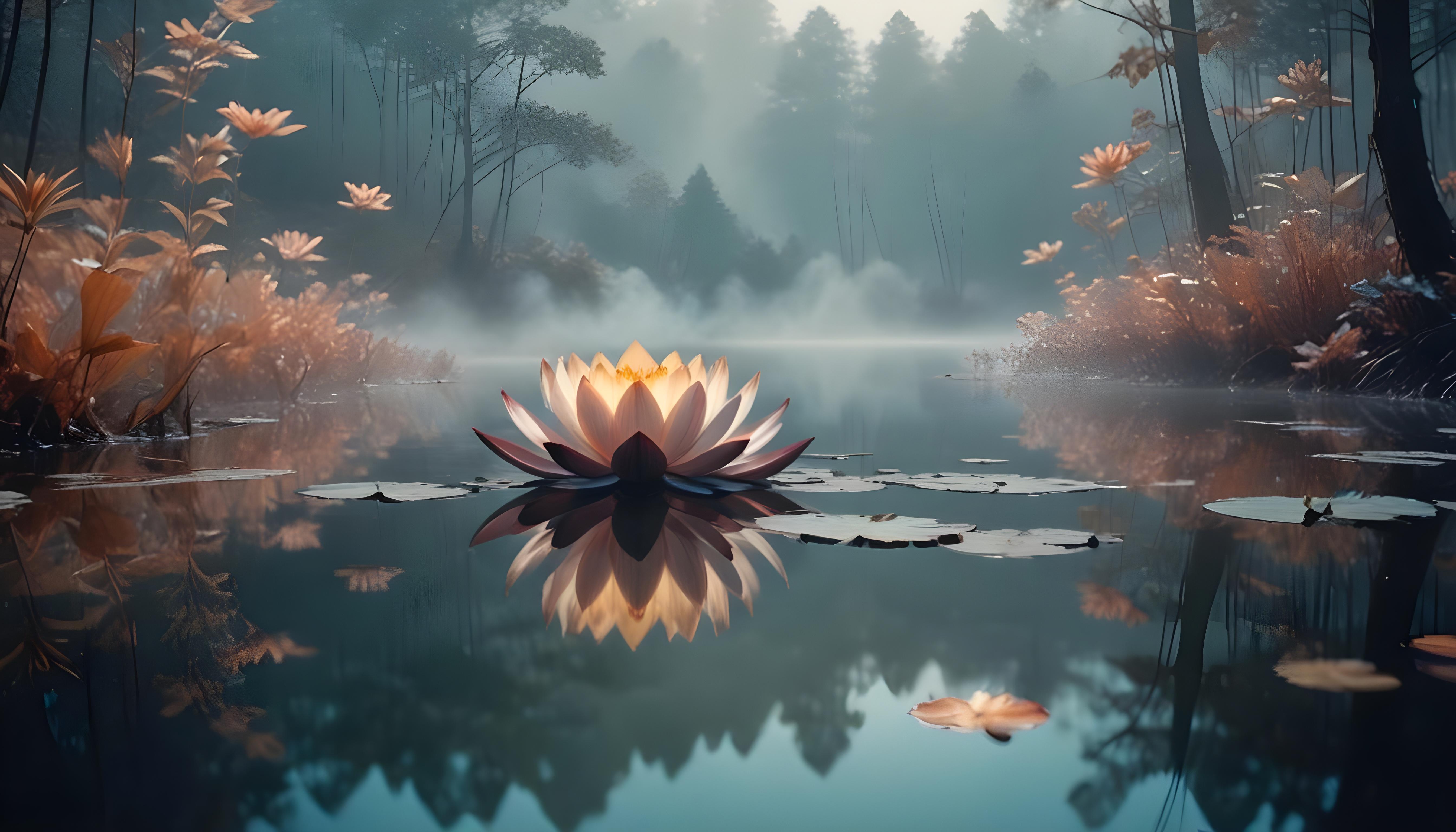 Mystical Lotus Flower on Serene Lake with Foggy Forest Landscape Background