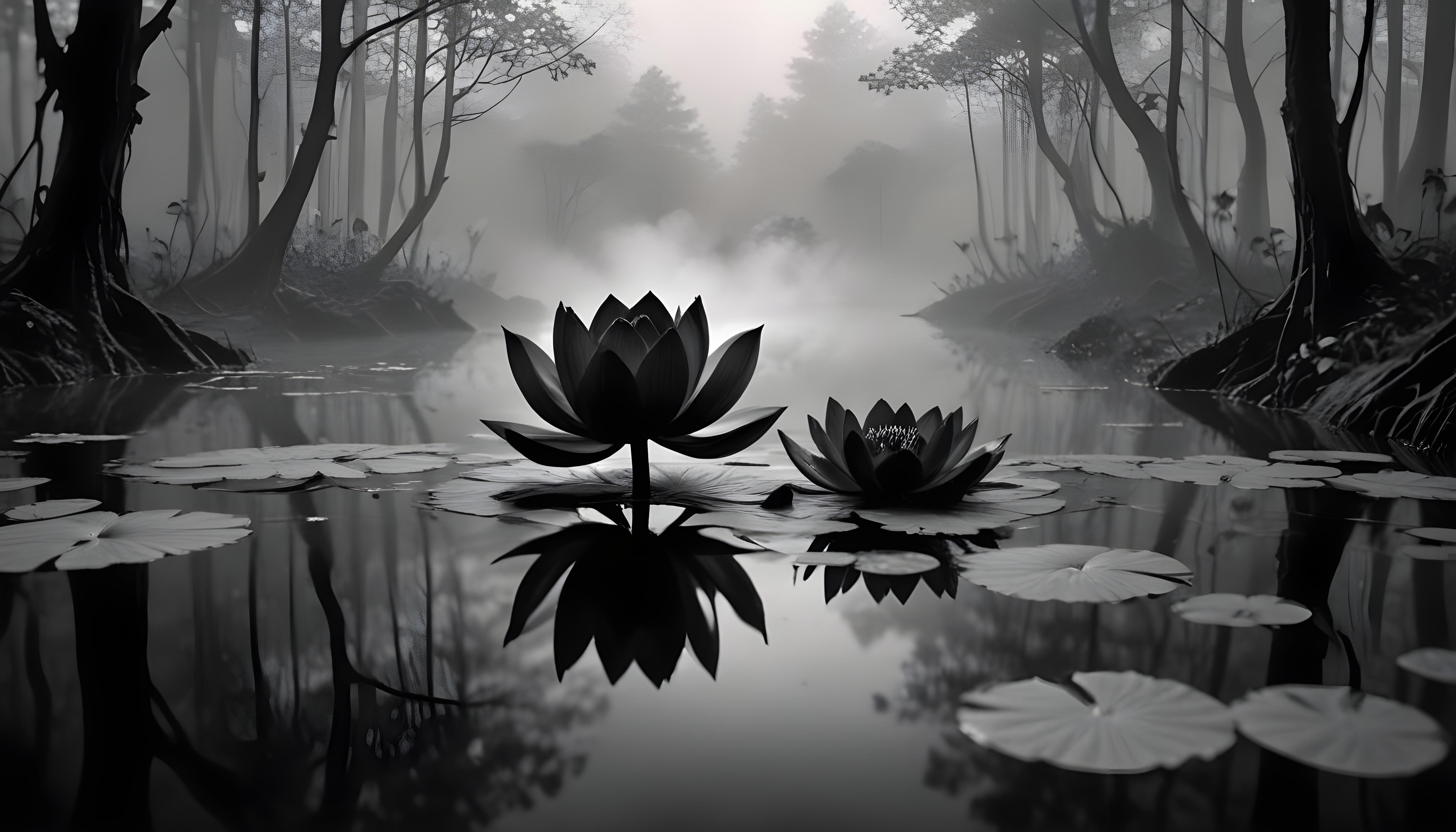 Mystical Lotus Flower on Serene Lake with Foggy Forest Landscape Background