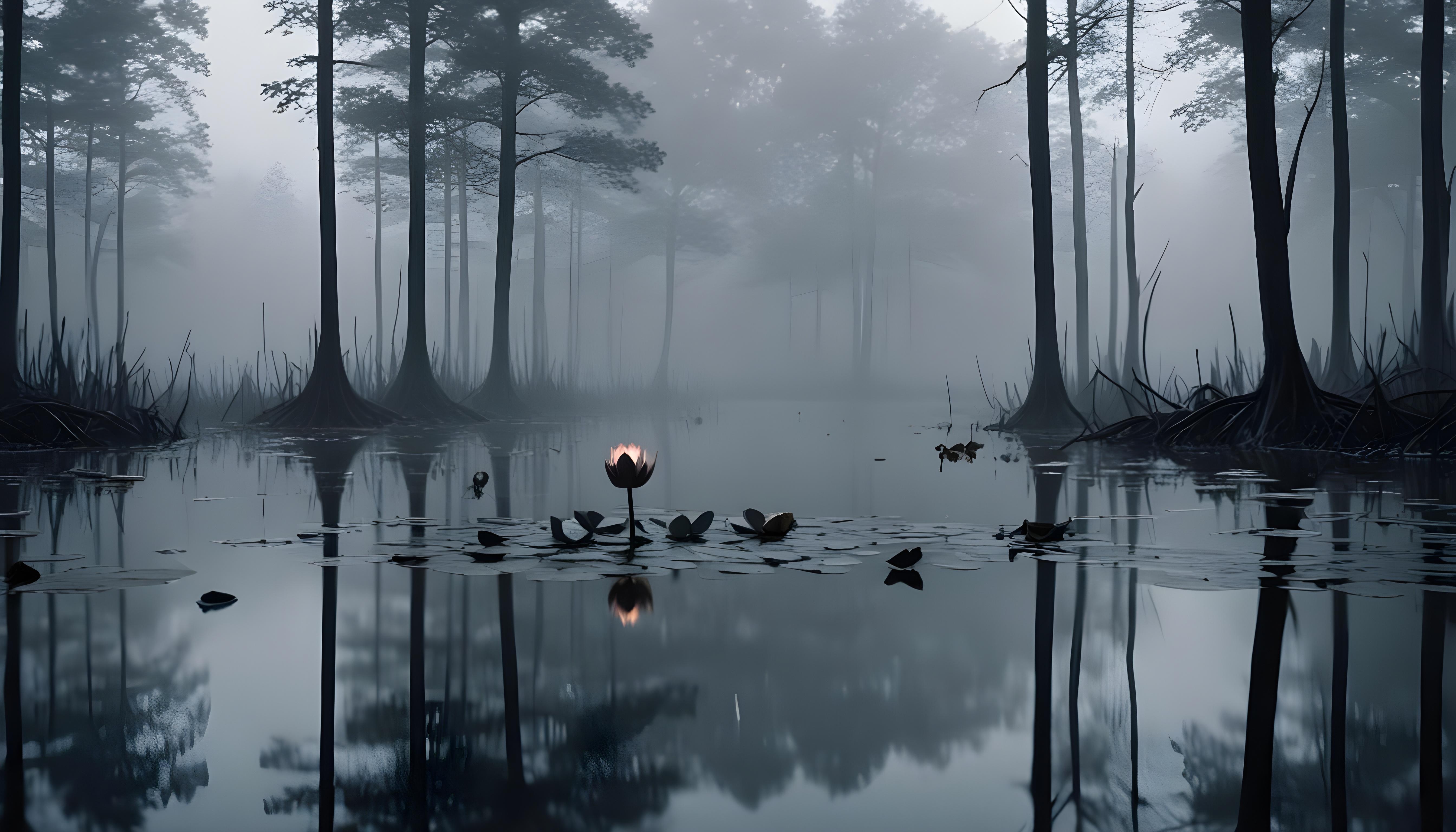 Mystical Lotus Flower on Serene Lake with Foggy Forest Landscape Background