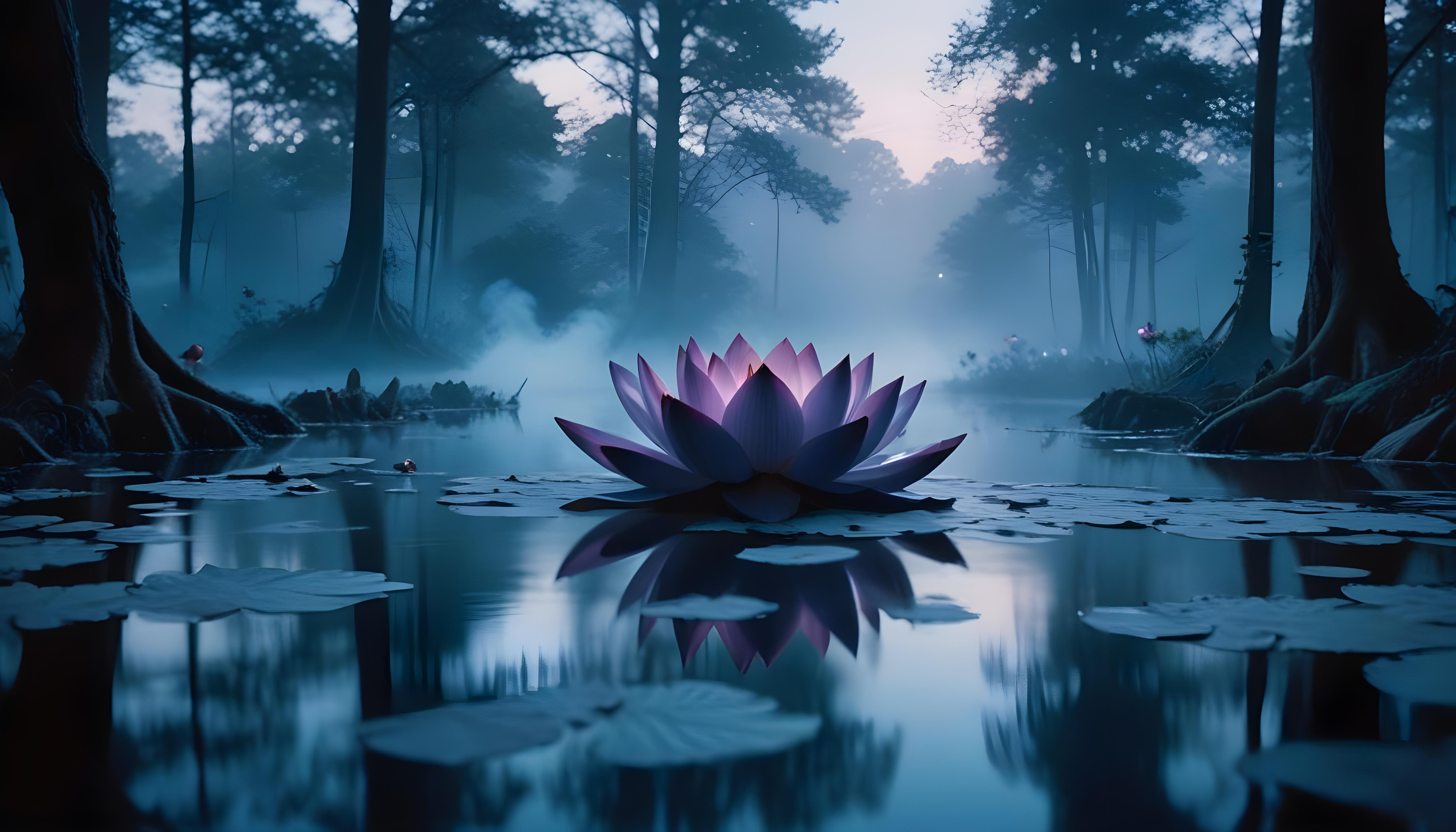 Mystical Lotus Flower on Serene Lake with Foggy Forest Landscape Background