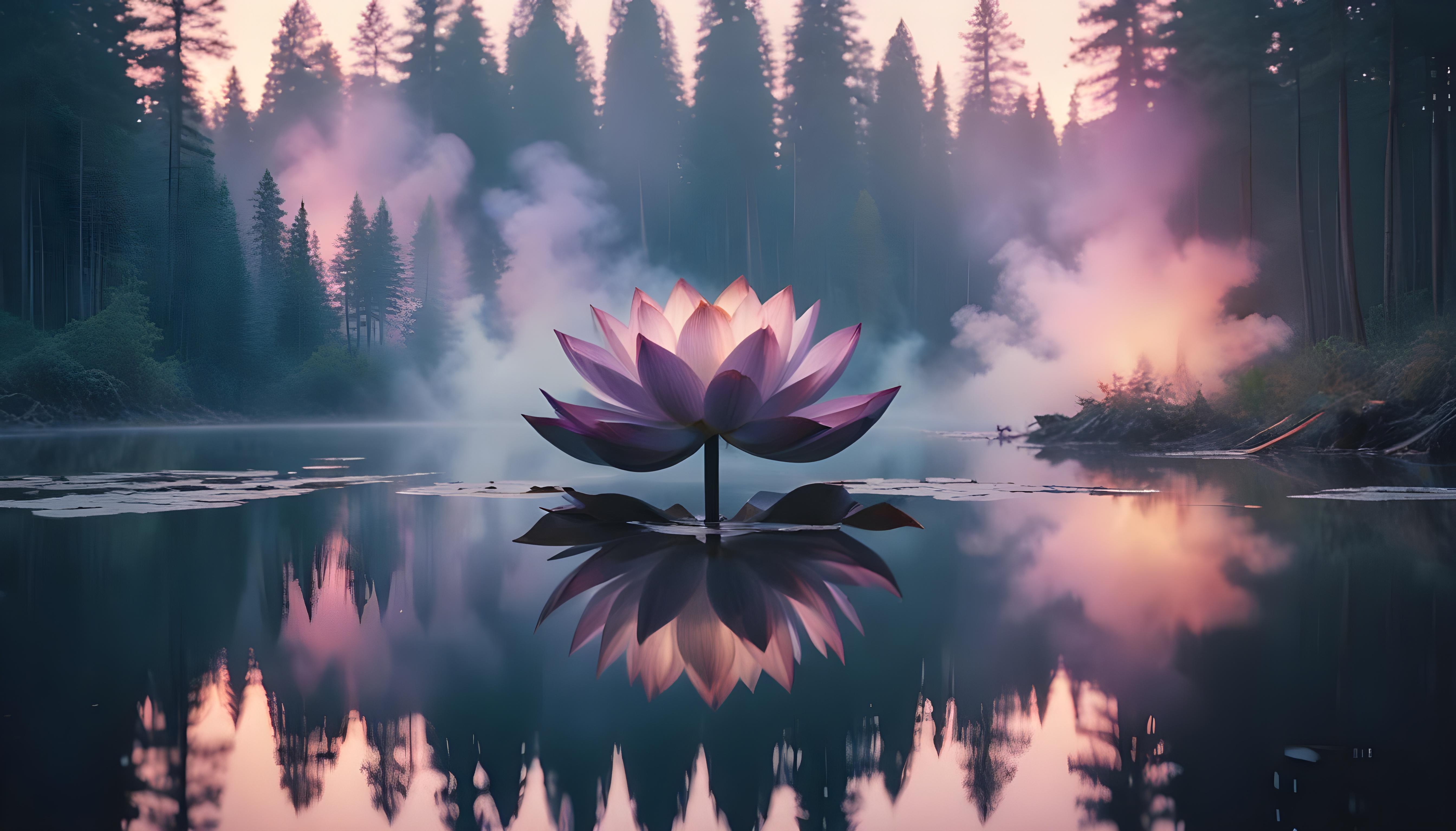 Mystical Lotus Flower on Serene Lake with Foggy Forest Landscape Background