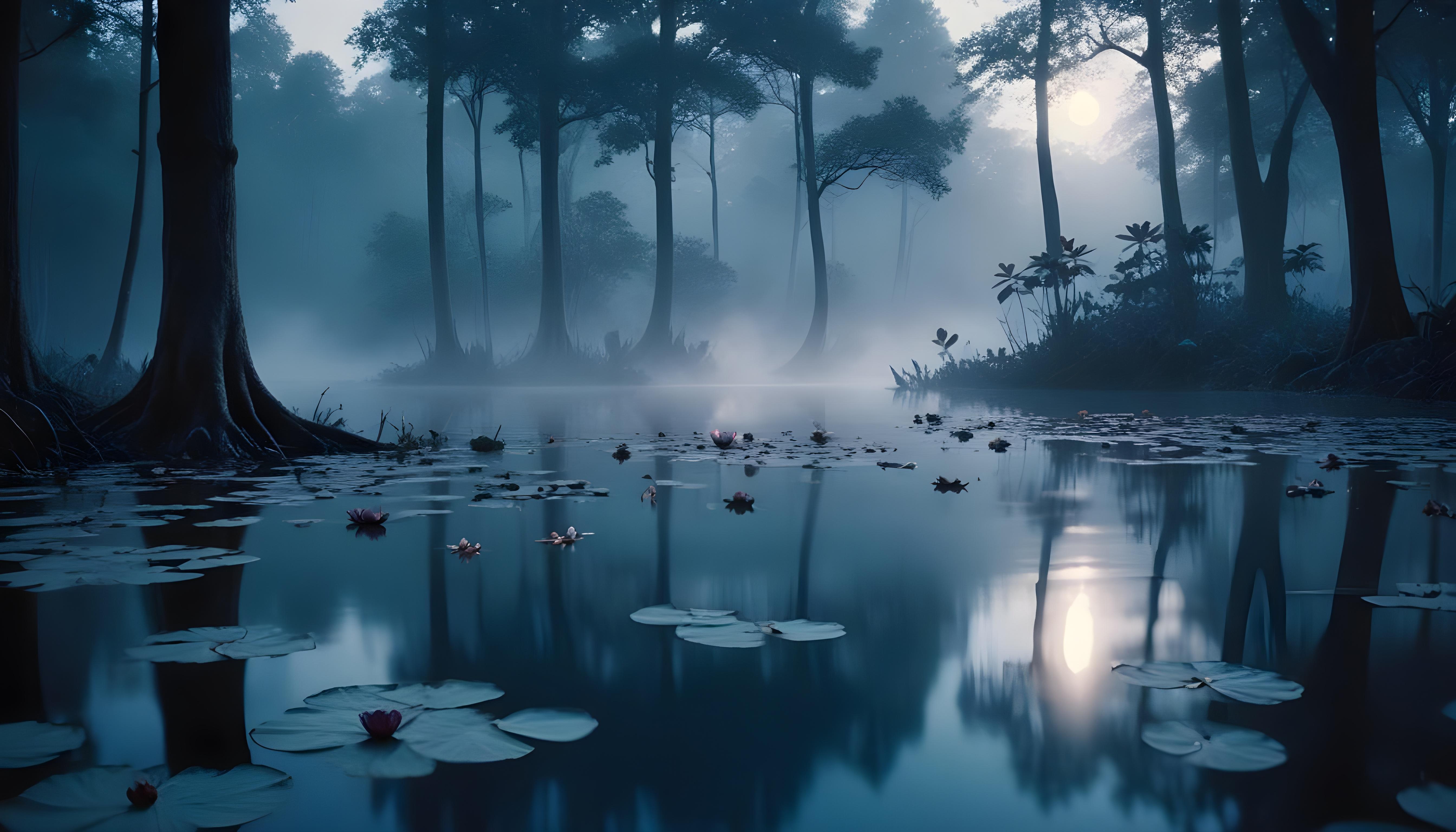 Mystical Lotus Flower on Serene Lake with Foggy Forest Landscape Background