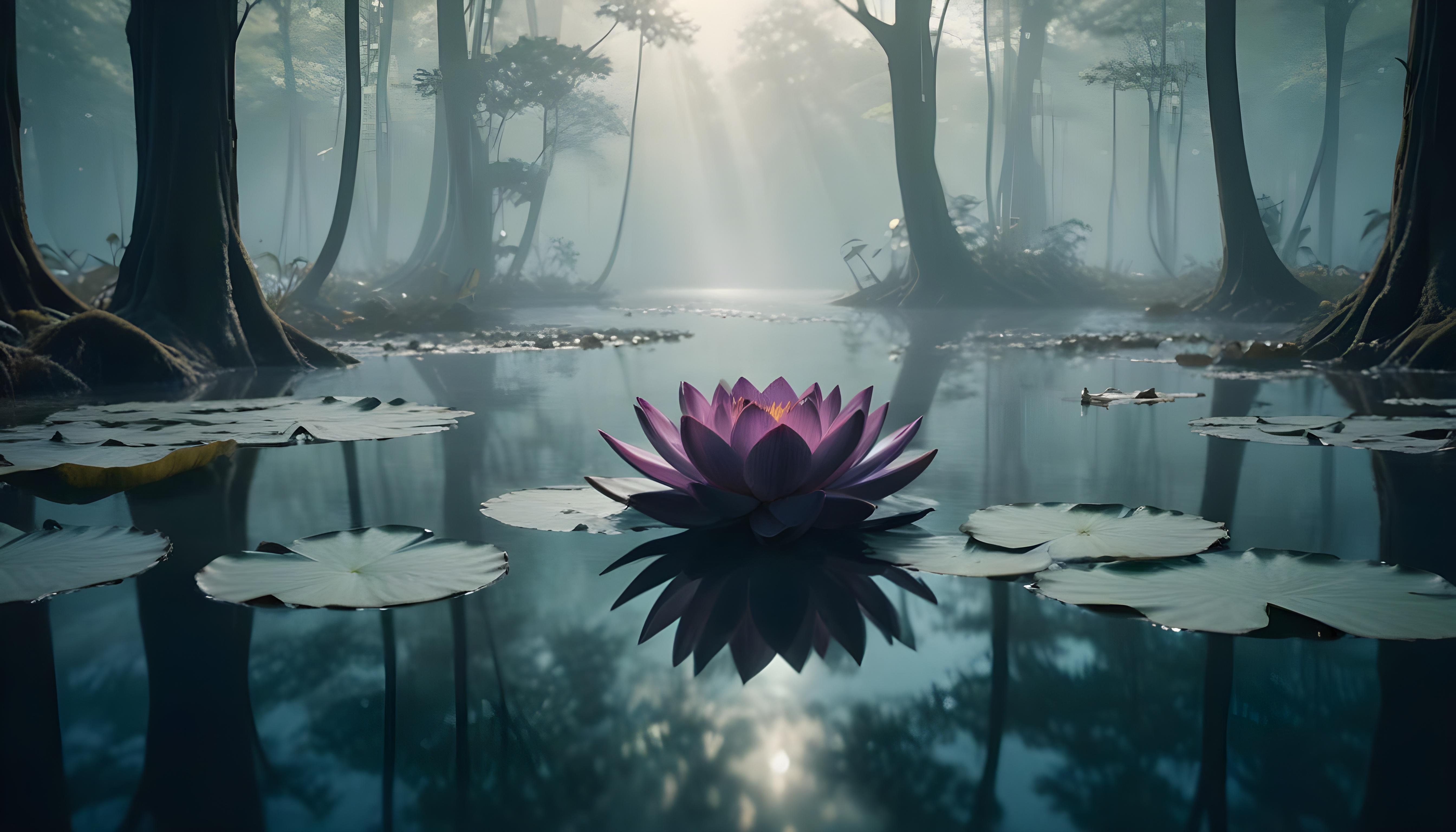Mystical Lotus Flower on Serene Lake with Foggy Forest Landscape Background