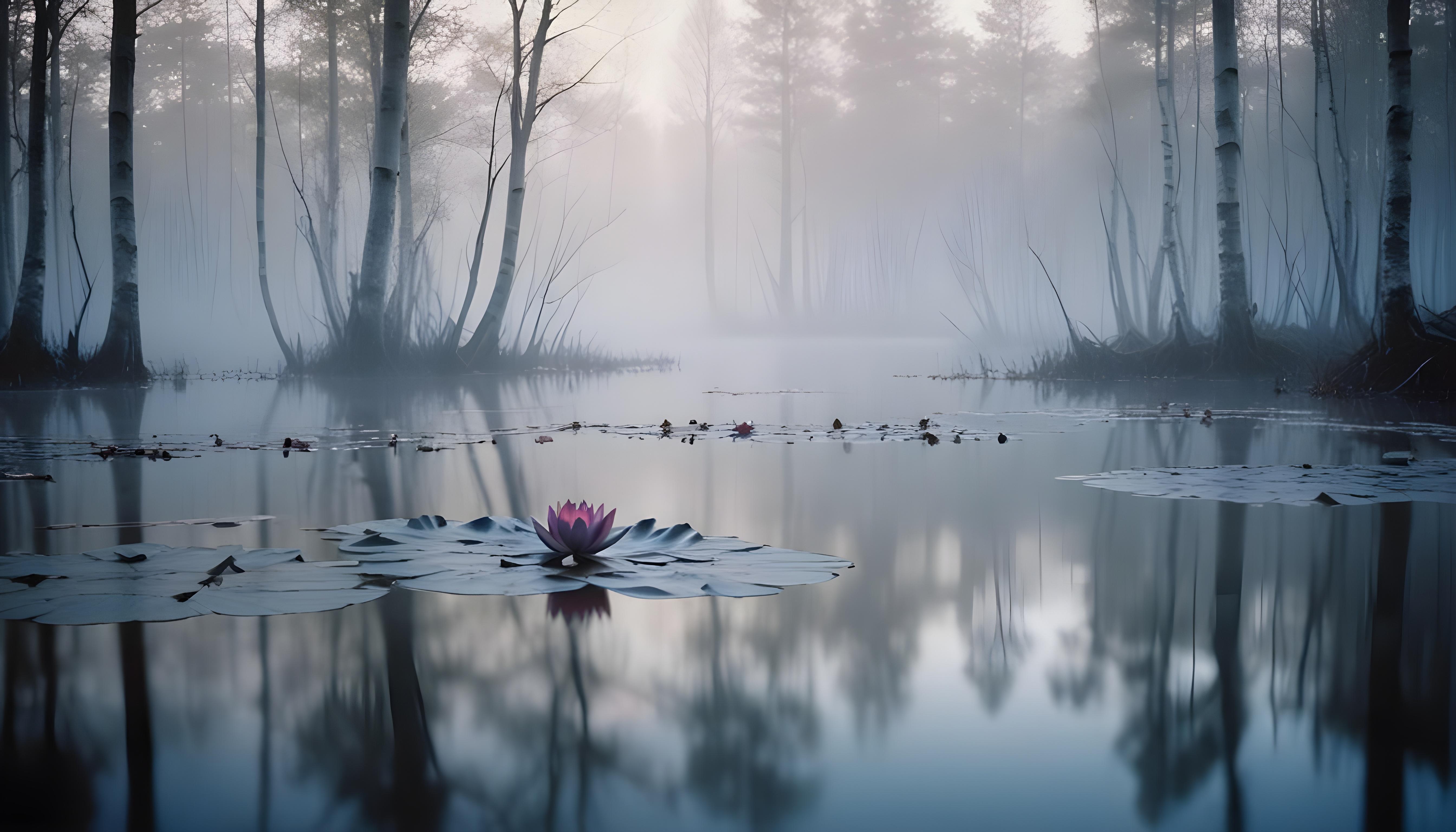 Mystical Lotus Flower on Serene Lake with Foggy Forest Landscape Background
