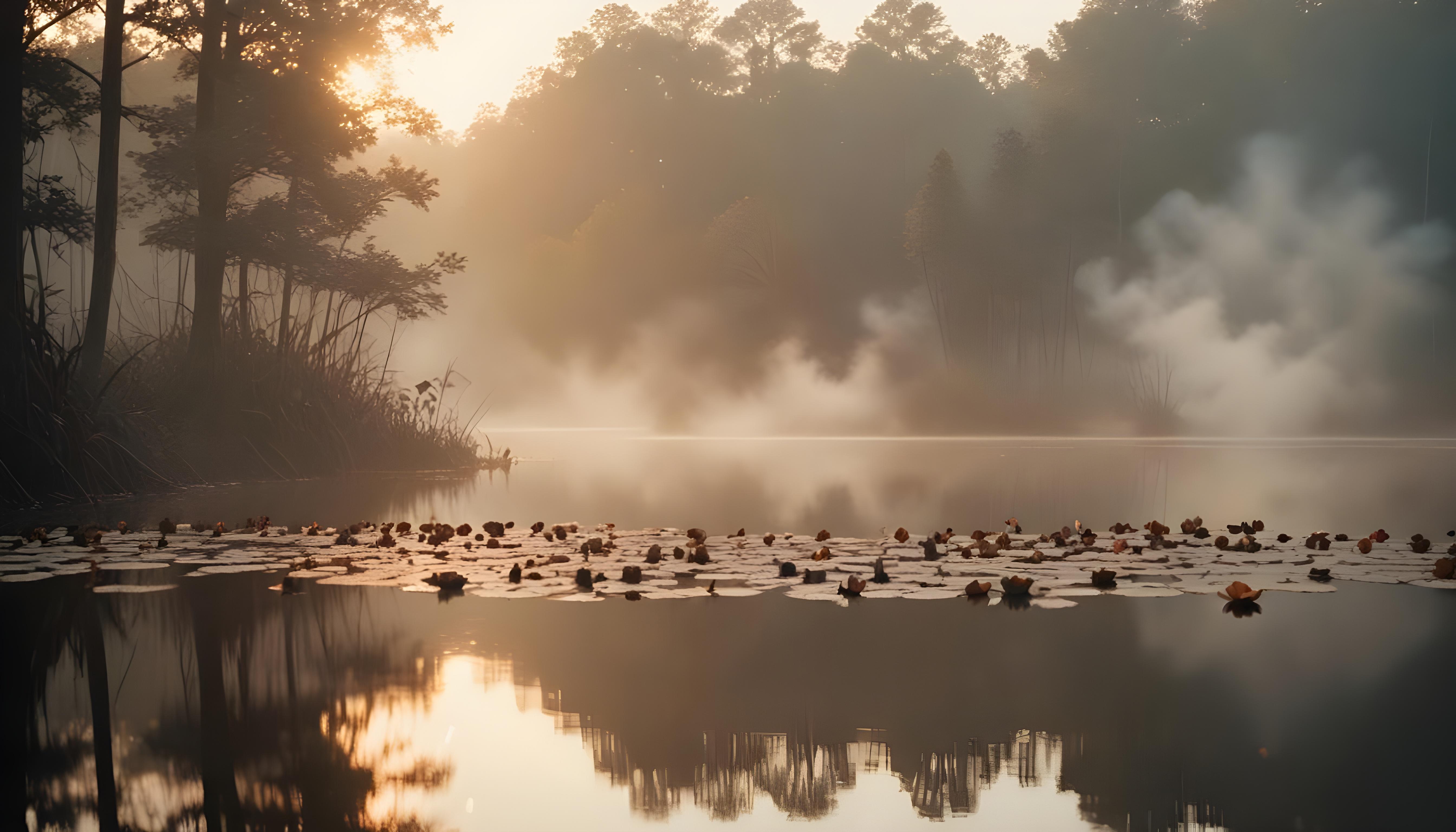 Mystical Lotus Flower on Serene Lake with Foggy Forest Landscape Background
