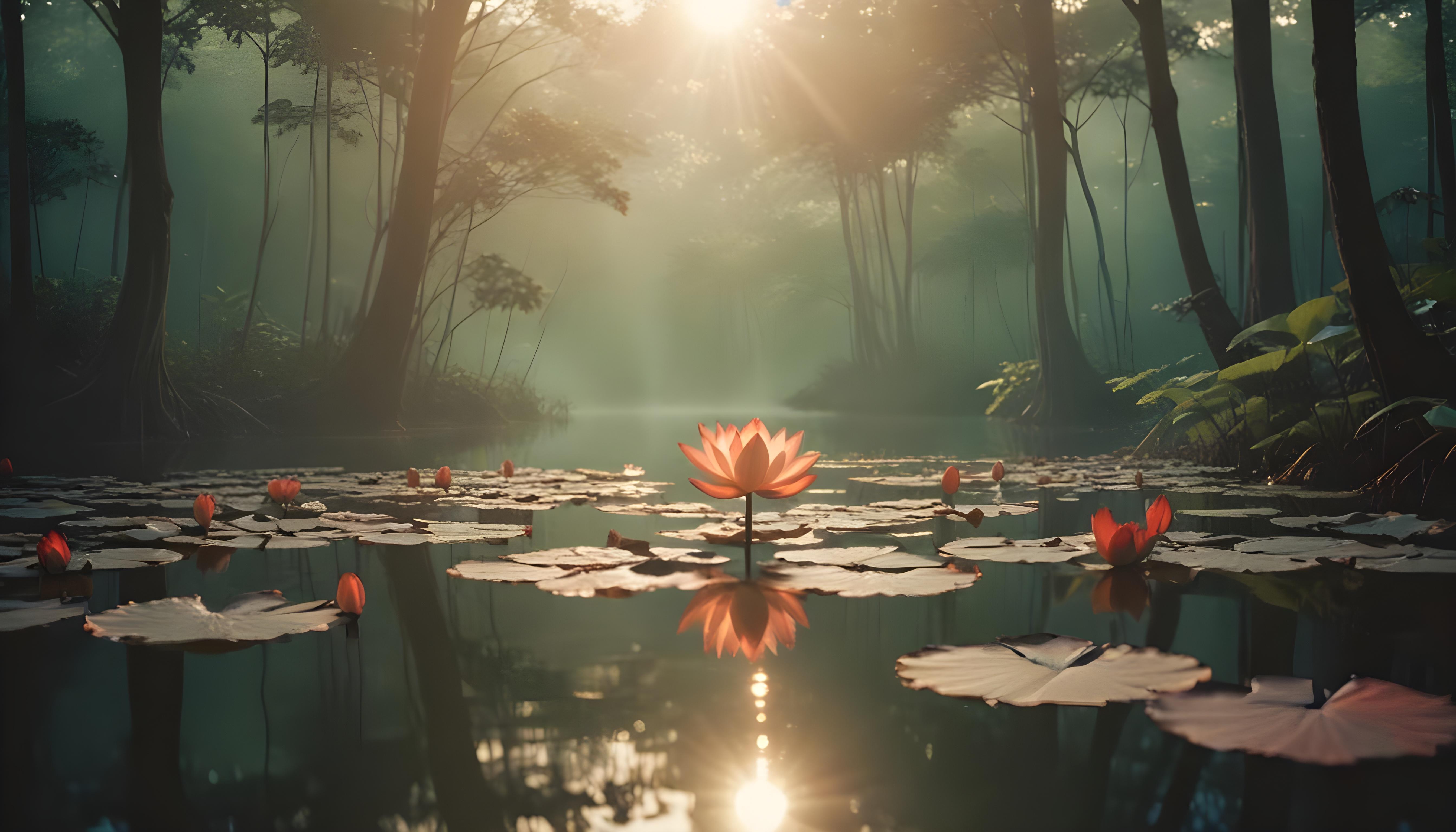 Mystical Lotus Flower on Serene Lake with Foggy Forest Landscape Background