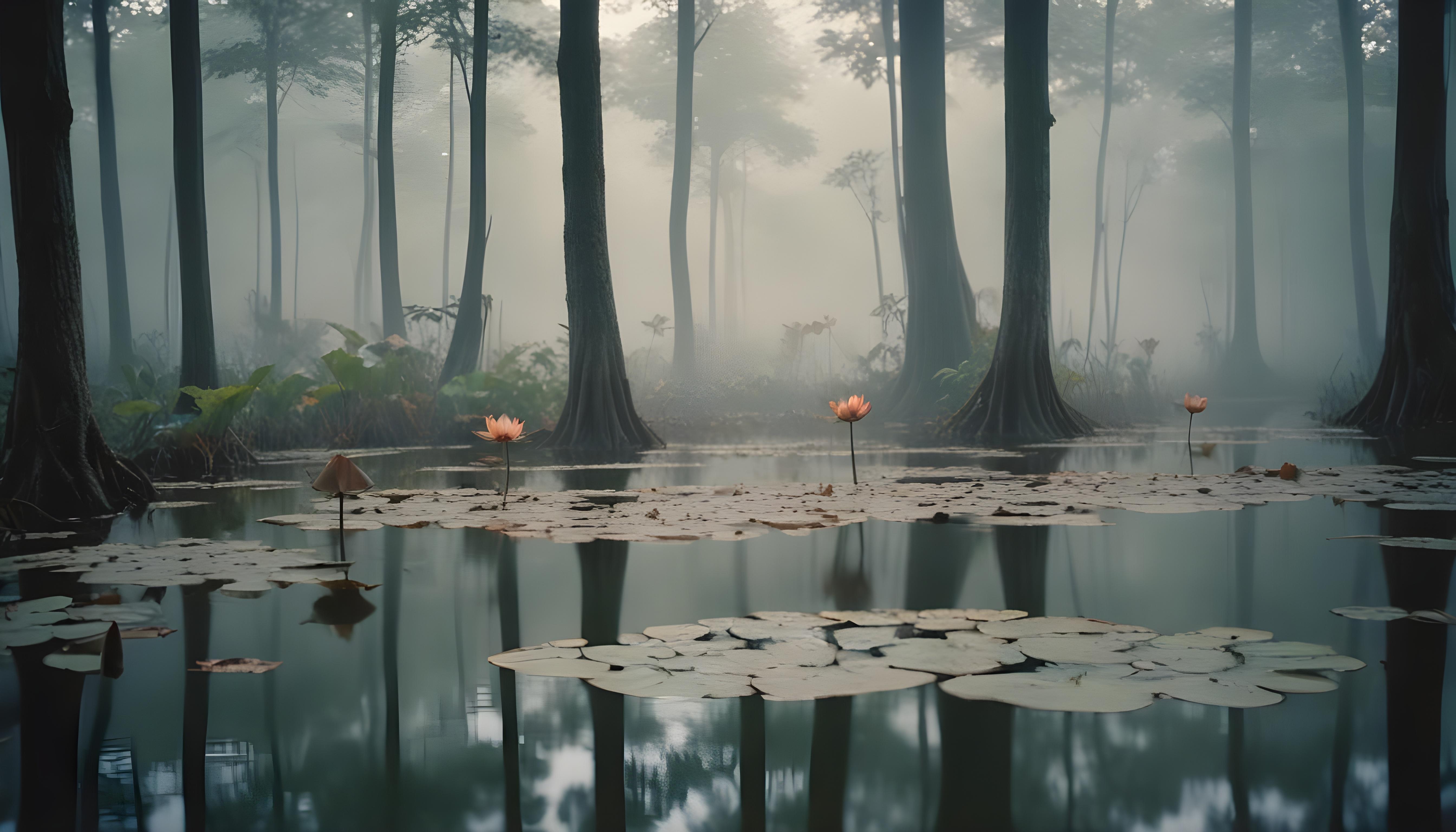 Mystical Lotus Flower on Serene Lake with Foggy Forest Landscape Background